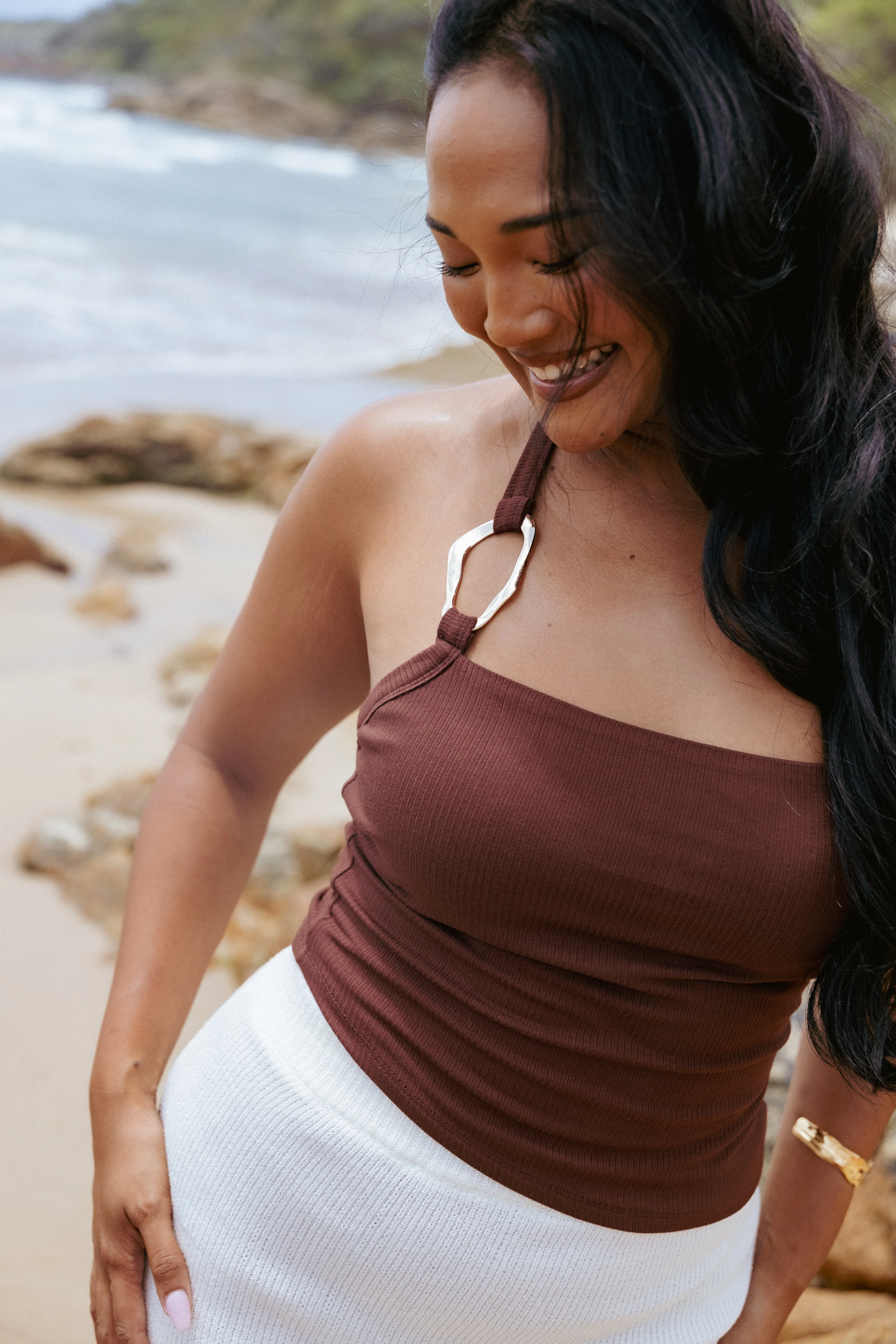 Yulissa Halter Knit Top - Chocolate Brown