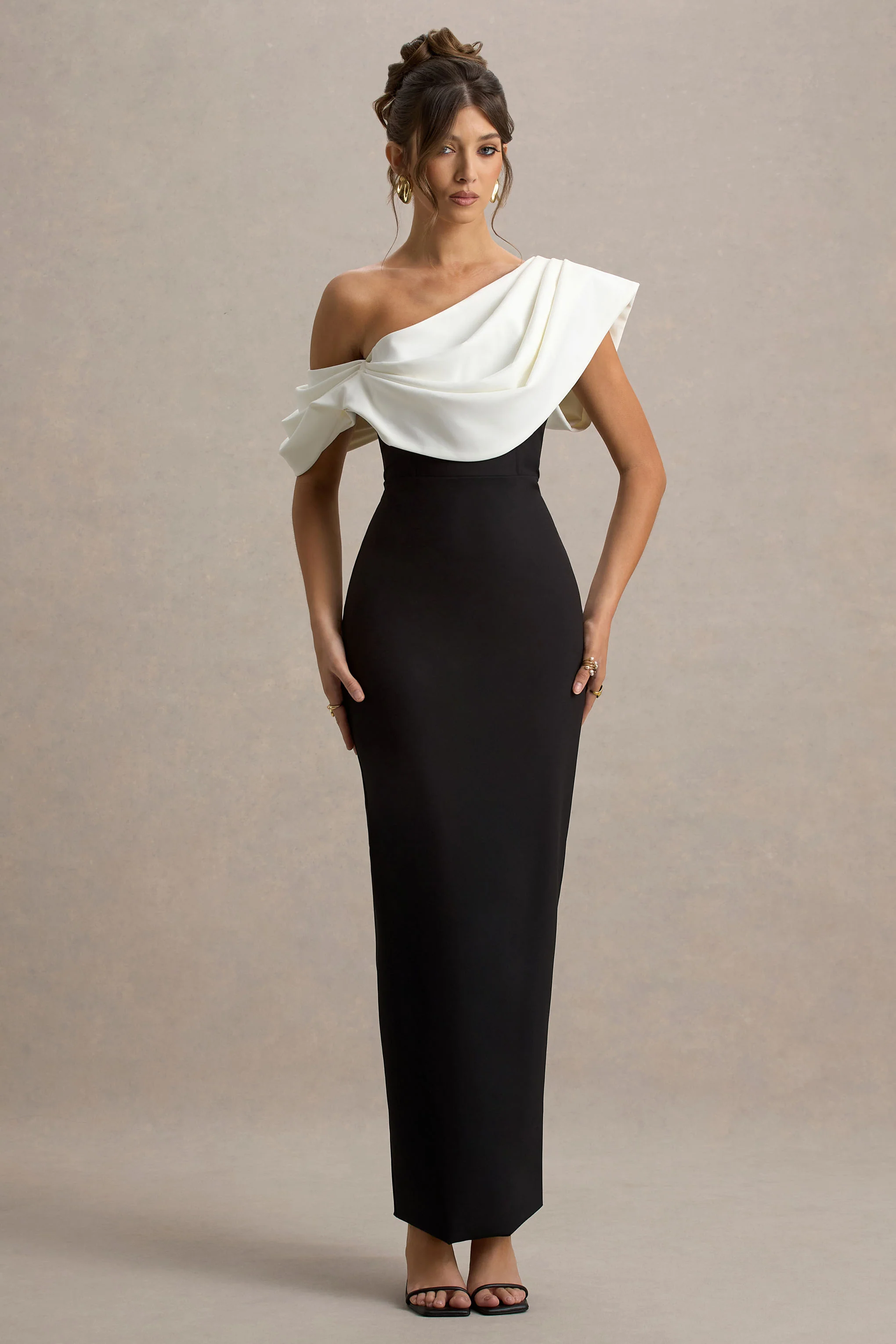 Angelina | Black & White Draped Shoulder Maxi Dress