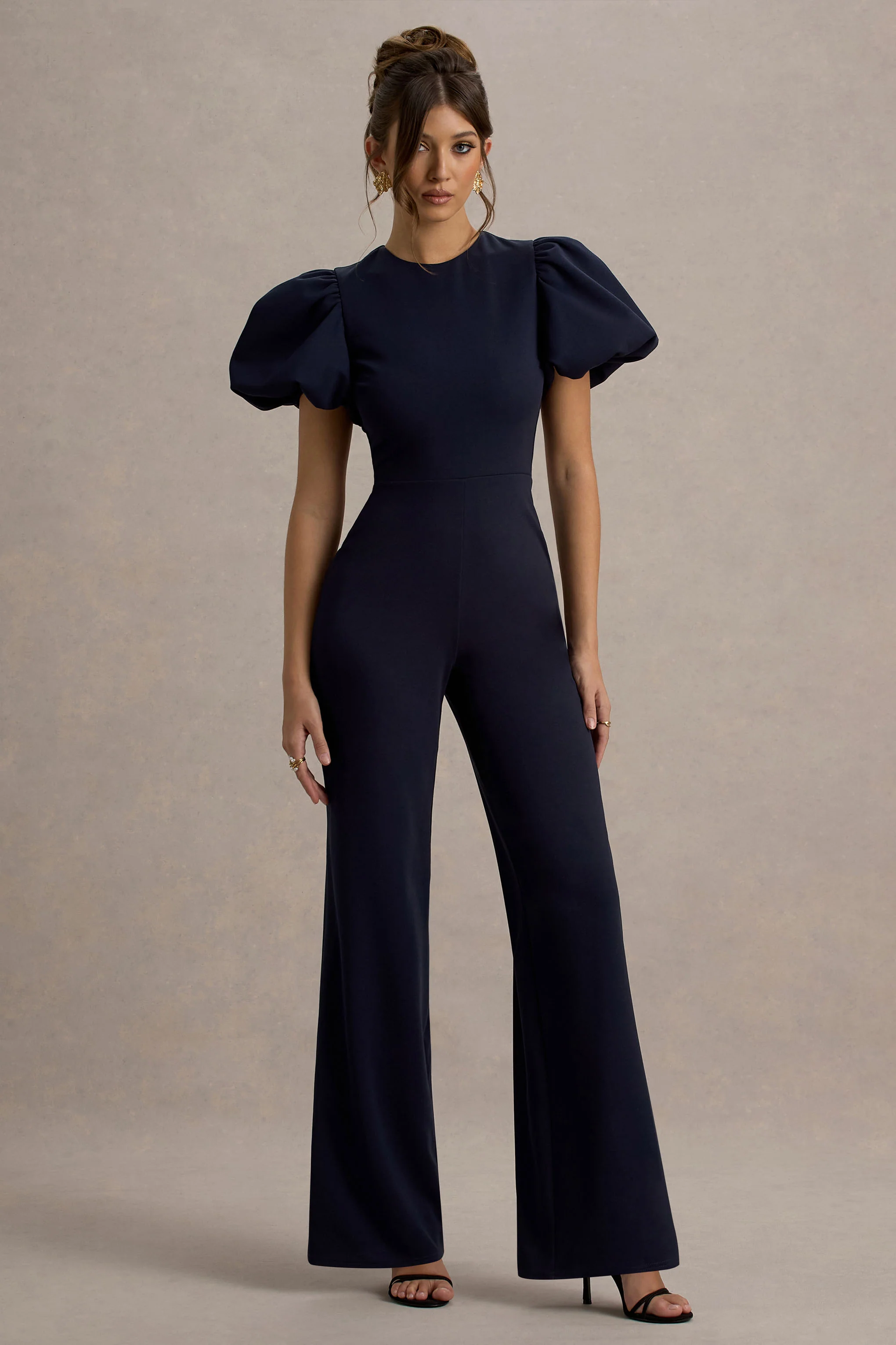Dillon | Navy Puff-Sleeve Straight-Leg Jumpsuit