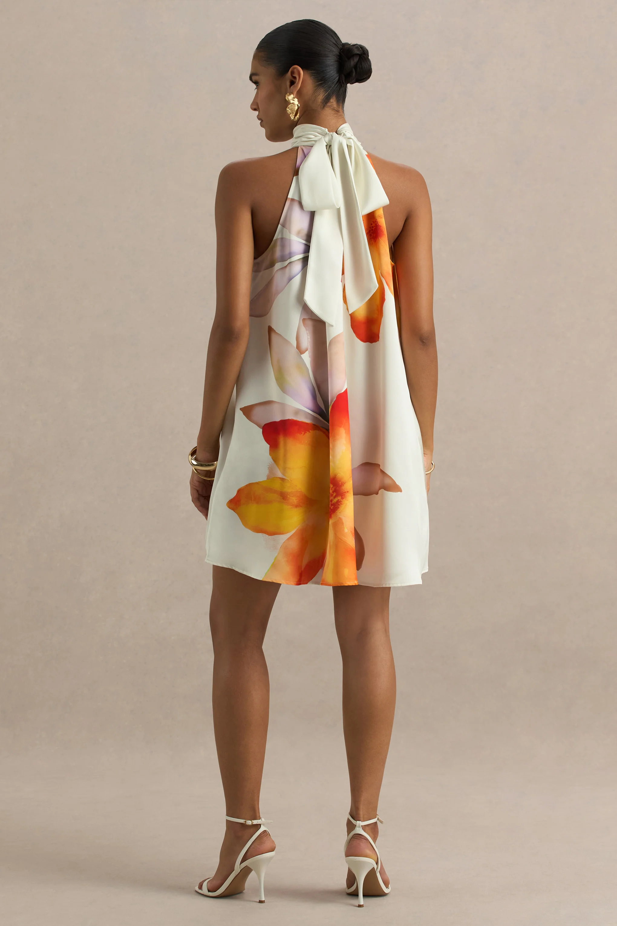 Evita | Orange Floral High-Neck Satin Mini Dress