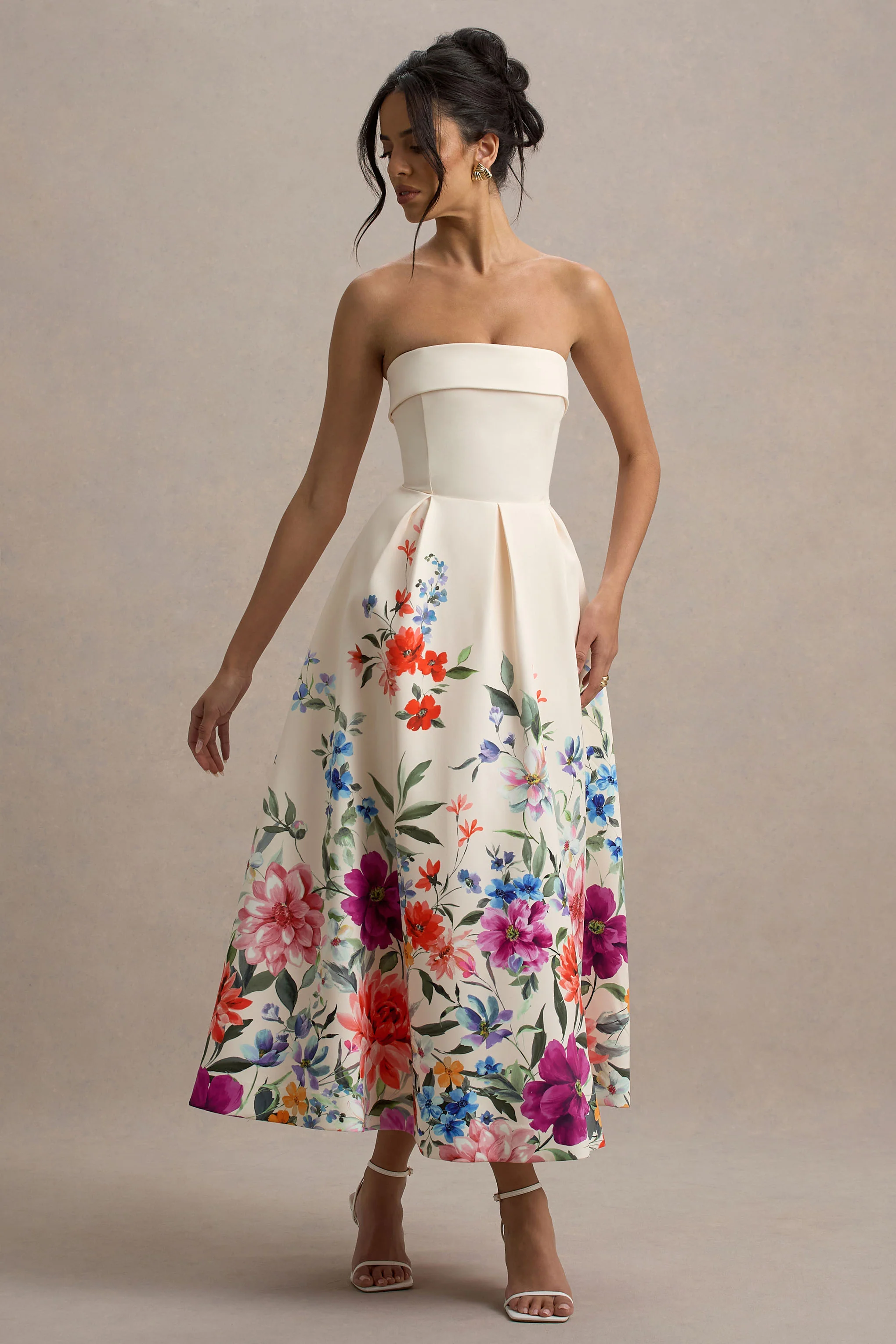 Annalise | Light Pink Floral Print Bandeau Skater Midi Dress