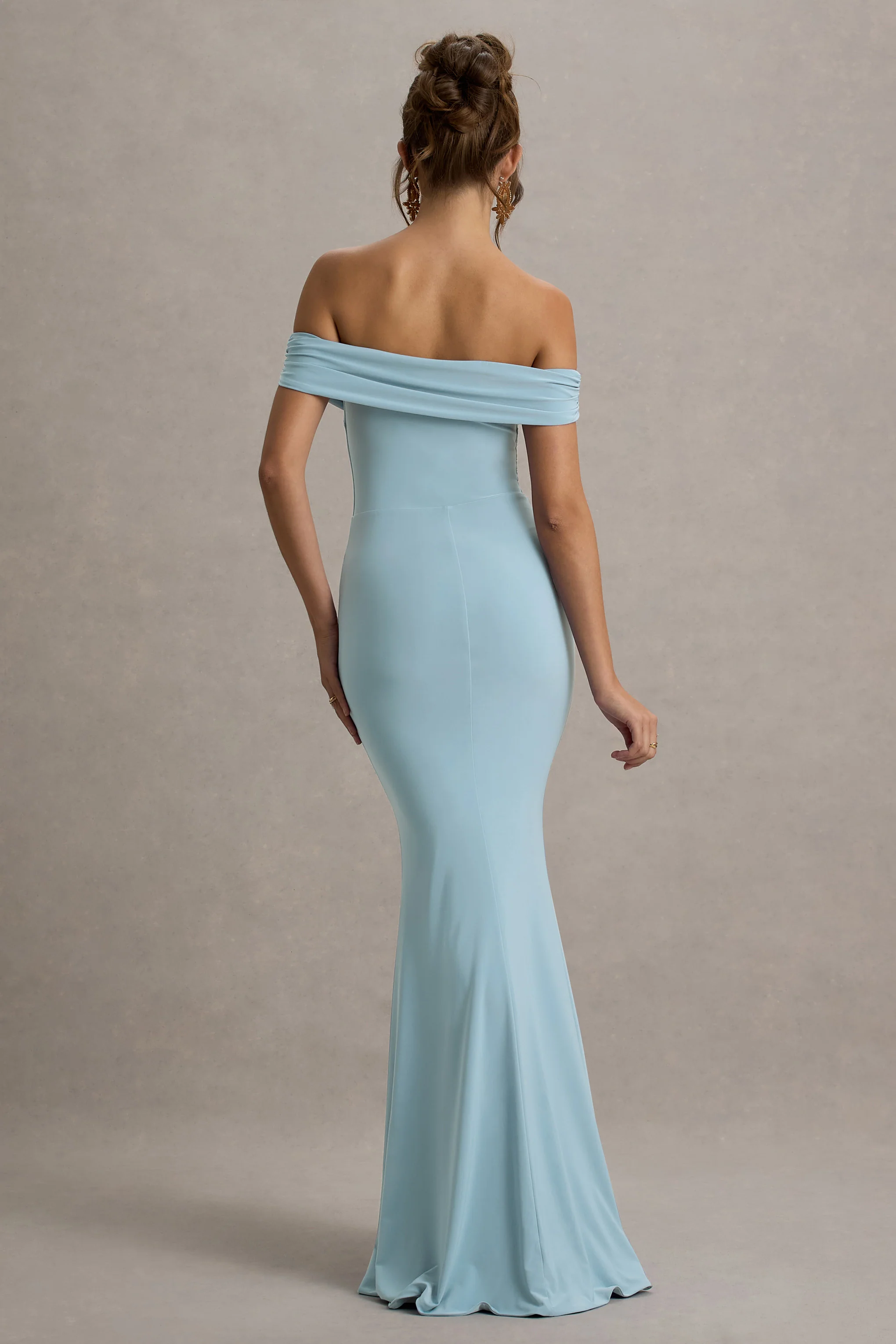 Law of Attraction | Powder Blue Bardot Draped Split Maxi Dress
