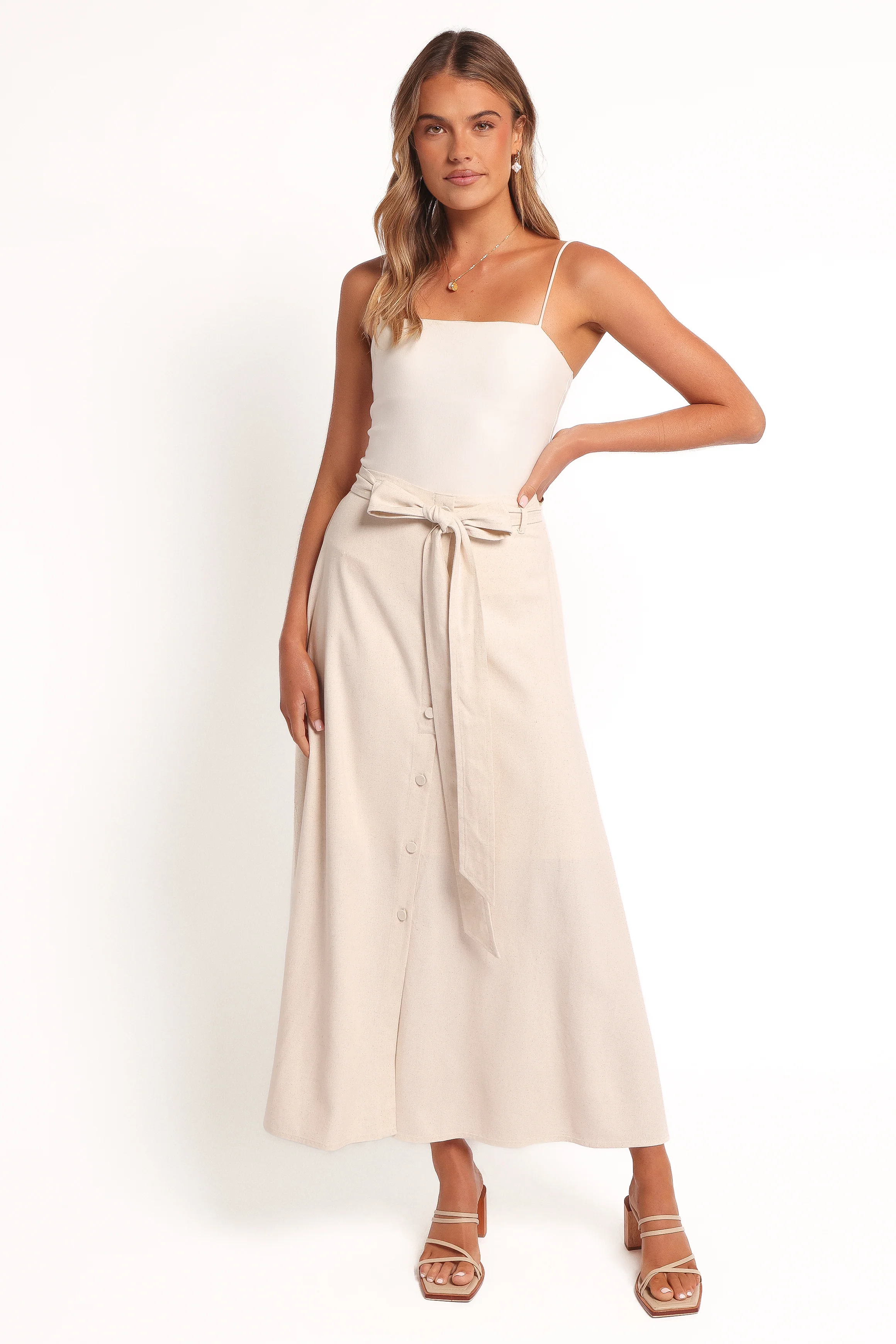 Xander Tie Waist Midi Skirt - Oatmeal