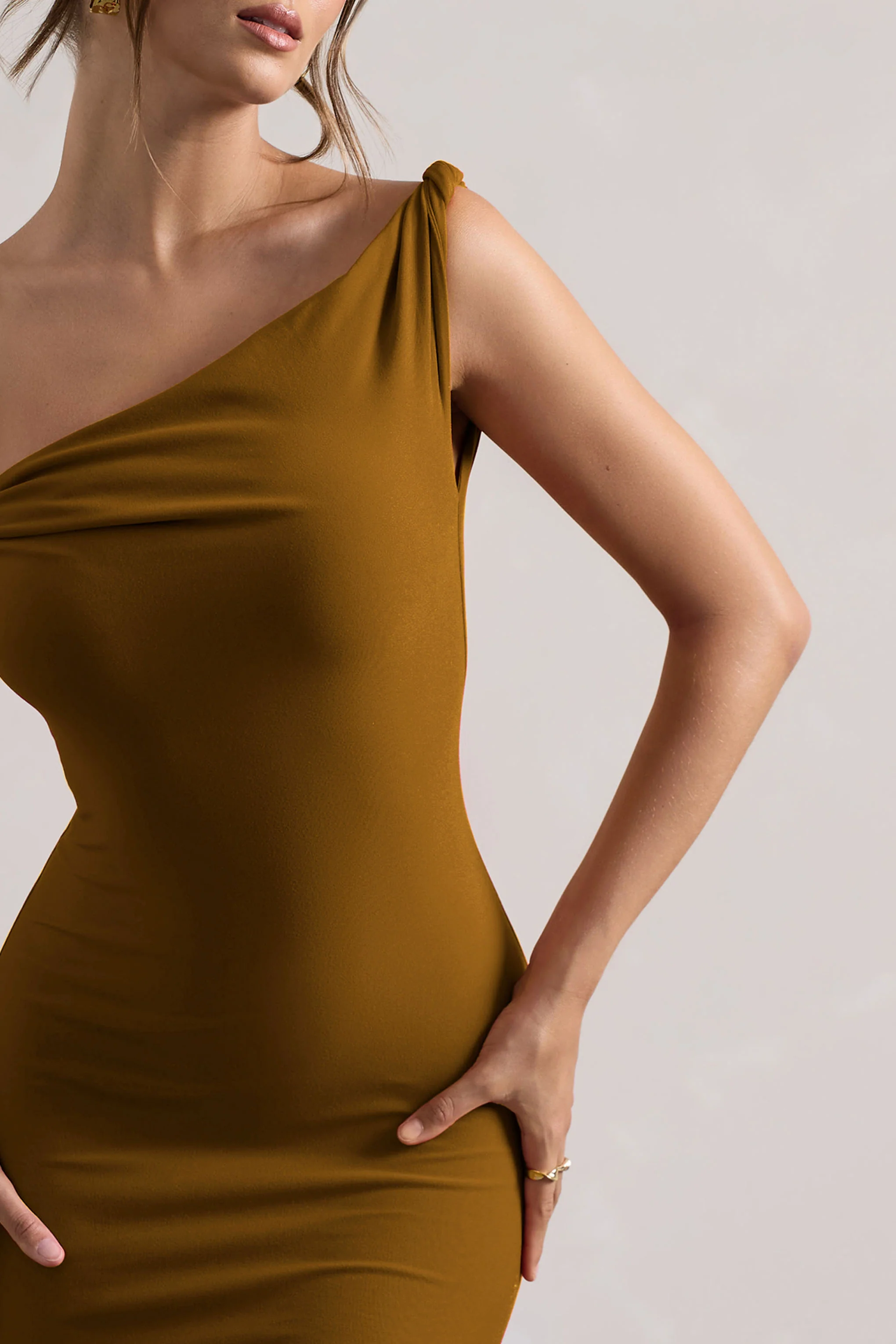 Lita | Golden Brown Twisted Asymmetric Maxi Dress