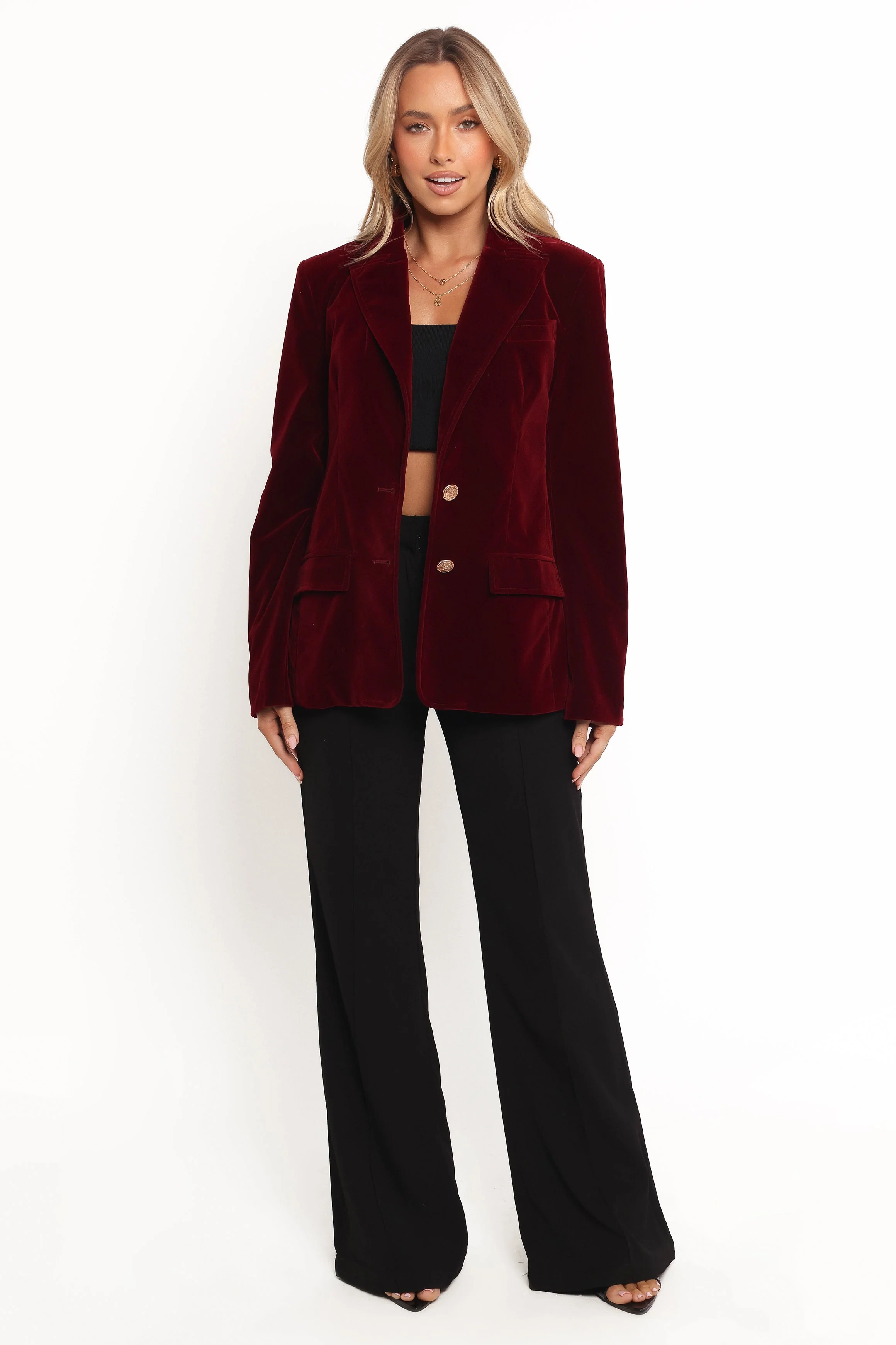 Zpya Single Button Velvet Blazer - Berry