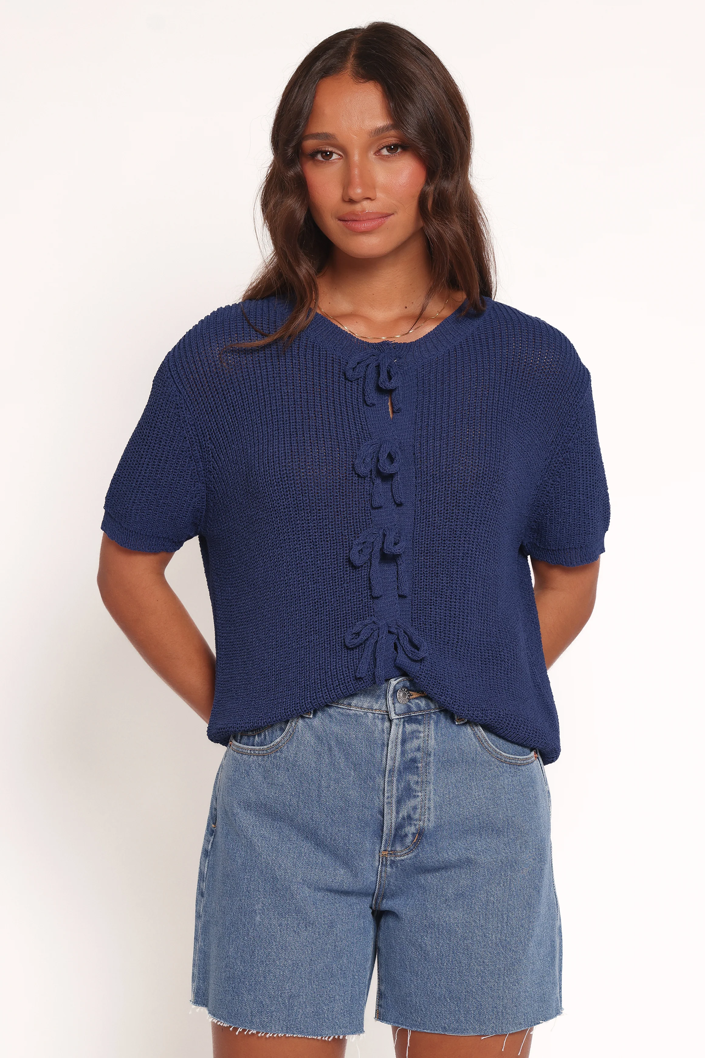 Gemma Short Sleeve Bow Cardigan - Navy