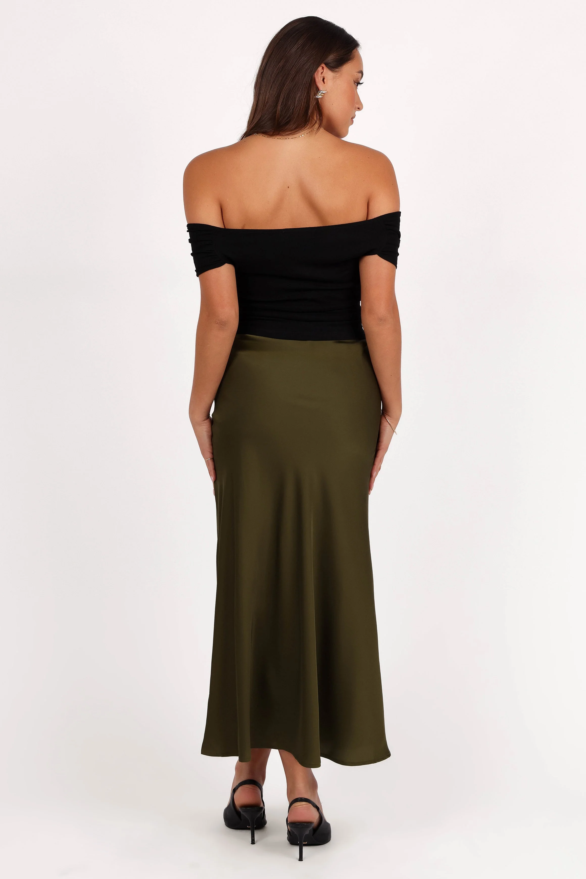 Nellie Satin Midi Skirt - Olive