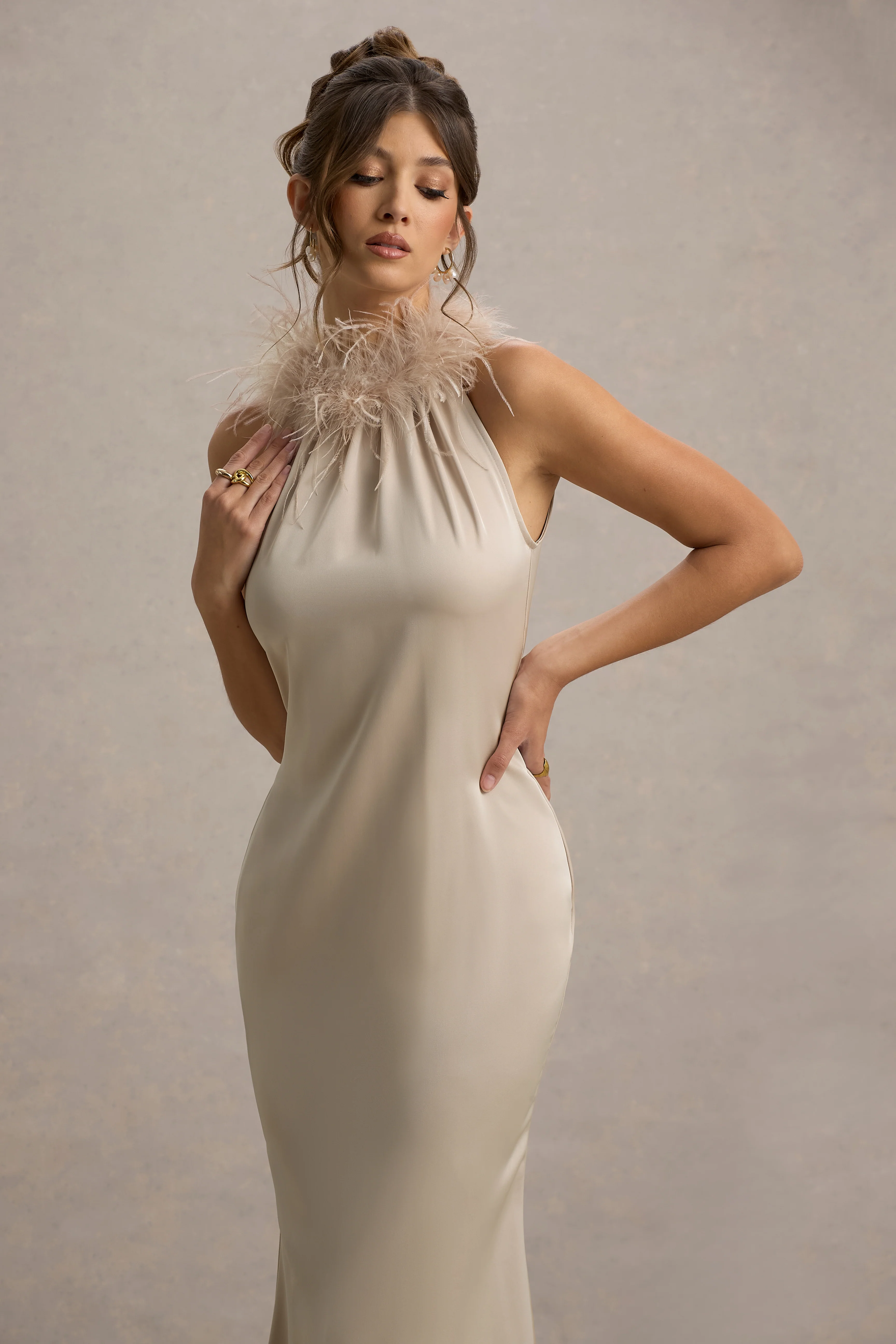 Bianca | Champagne Satin Feather-Trim Maxi Dress