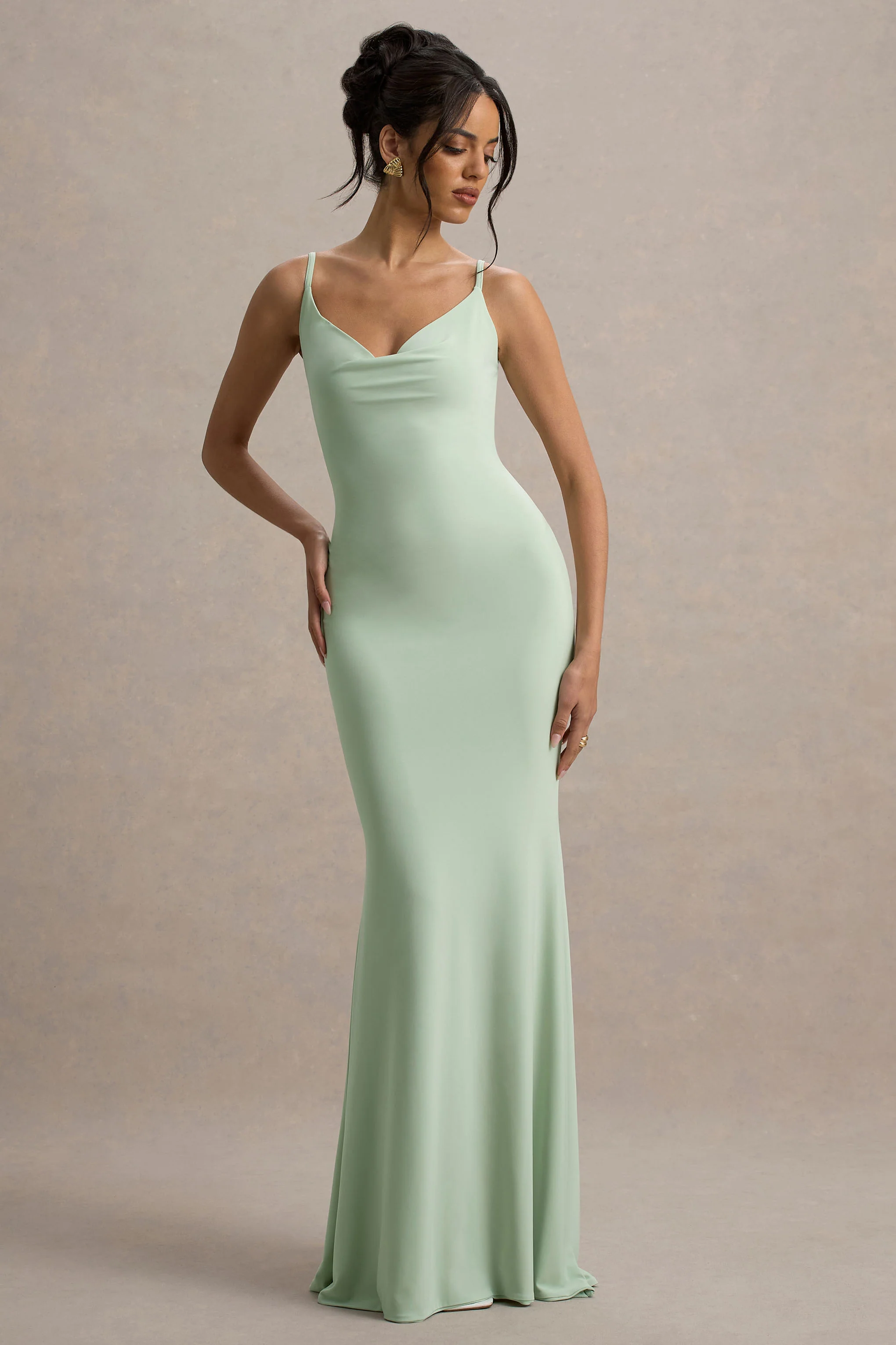 Francoise | Light Green Cowl Neck Backless Maxi Dress With Lace Insert