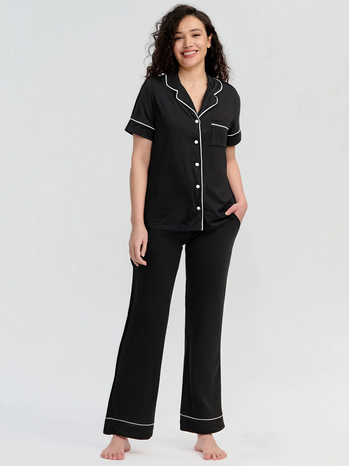 Solid Piped Short Sleeve Pajamas Set