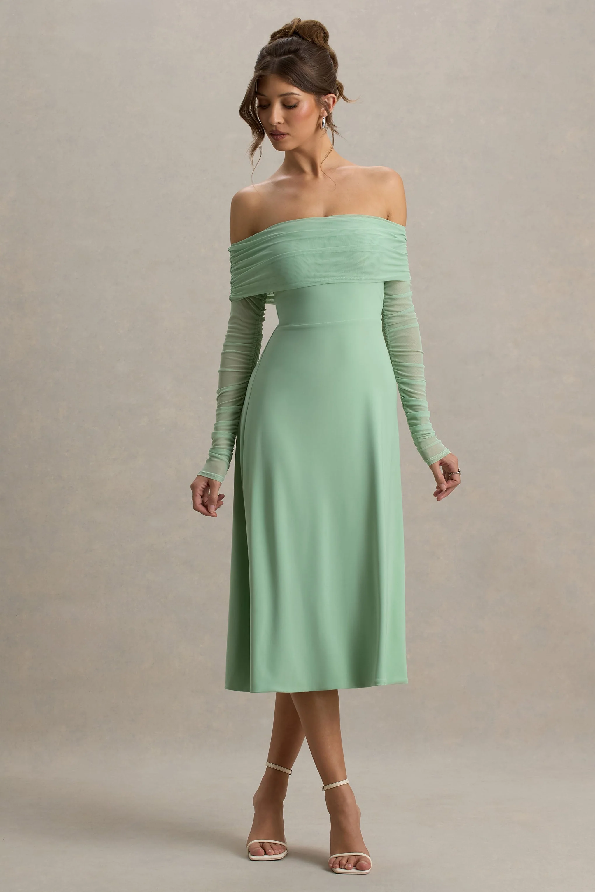 Flatter Me | Light Green Bardot Midi Dress With Mesh Sleeves