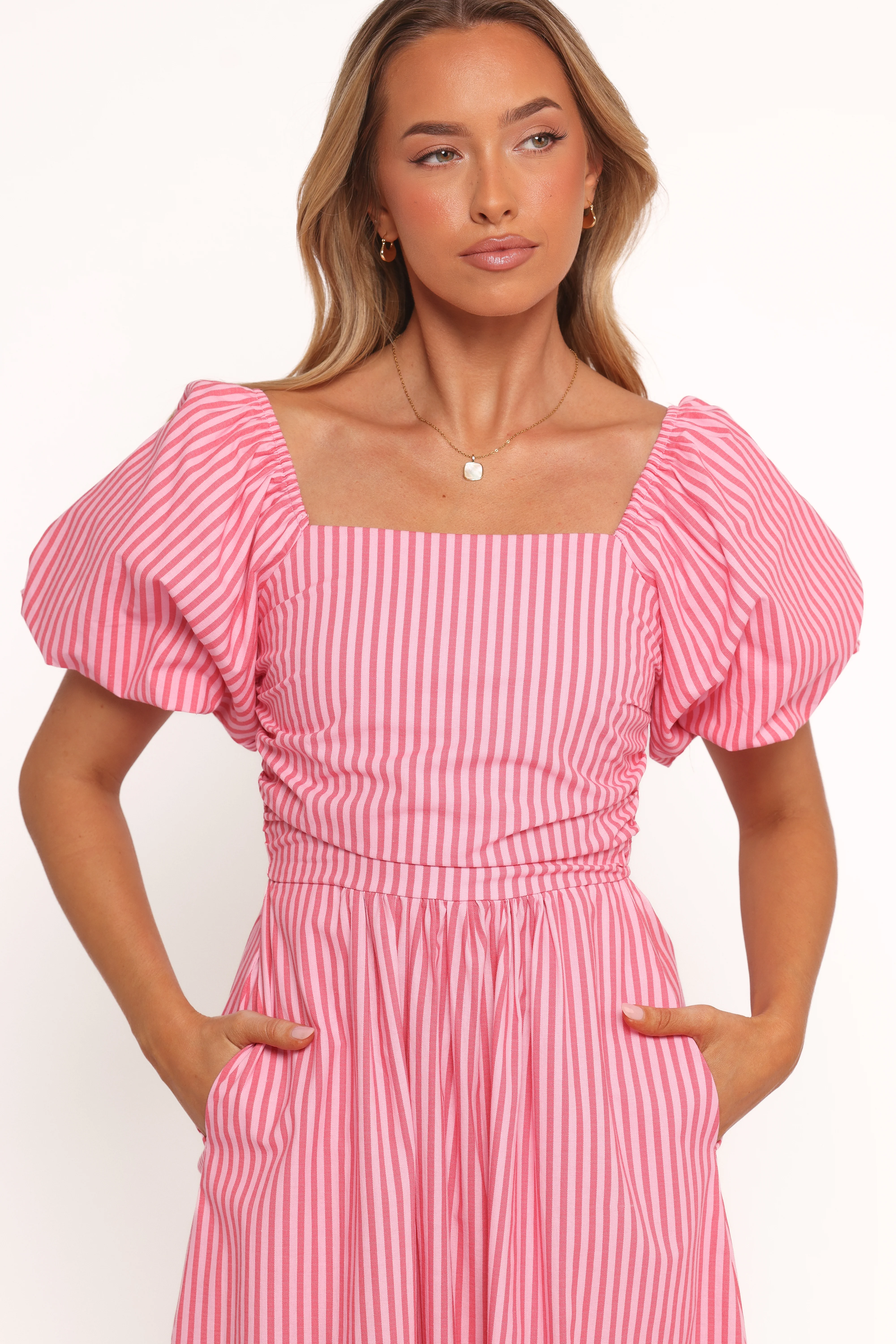 Chlo Puff Sleeve Midi Dress - Red Stripe