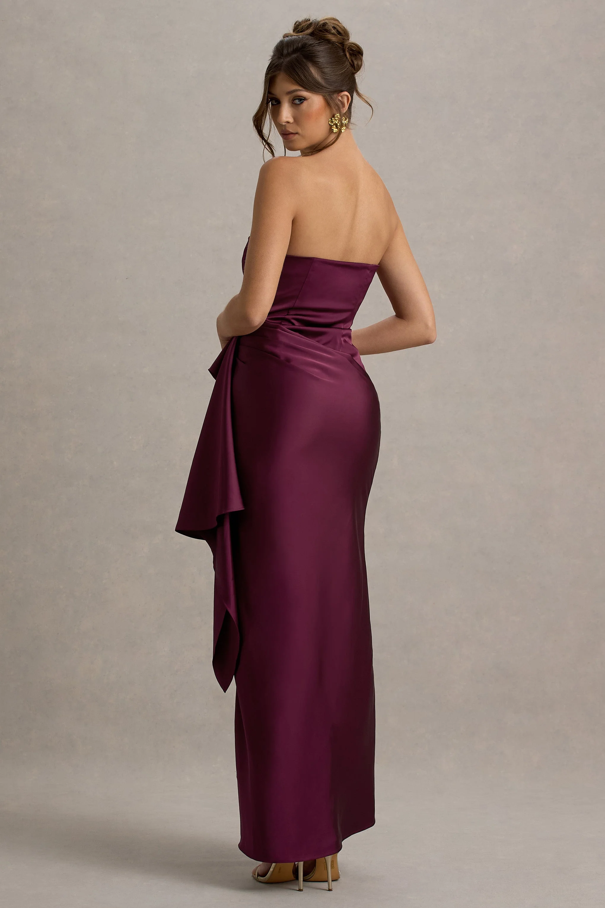 Loz | Burgundy Satin Bandeau Draped Maxi Dress