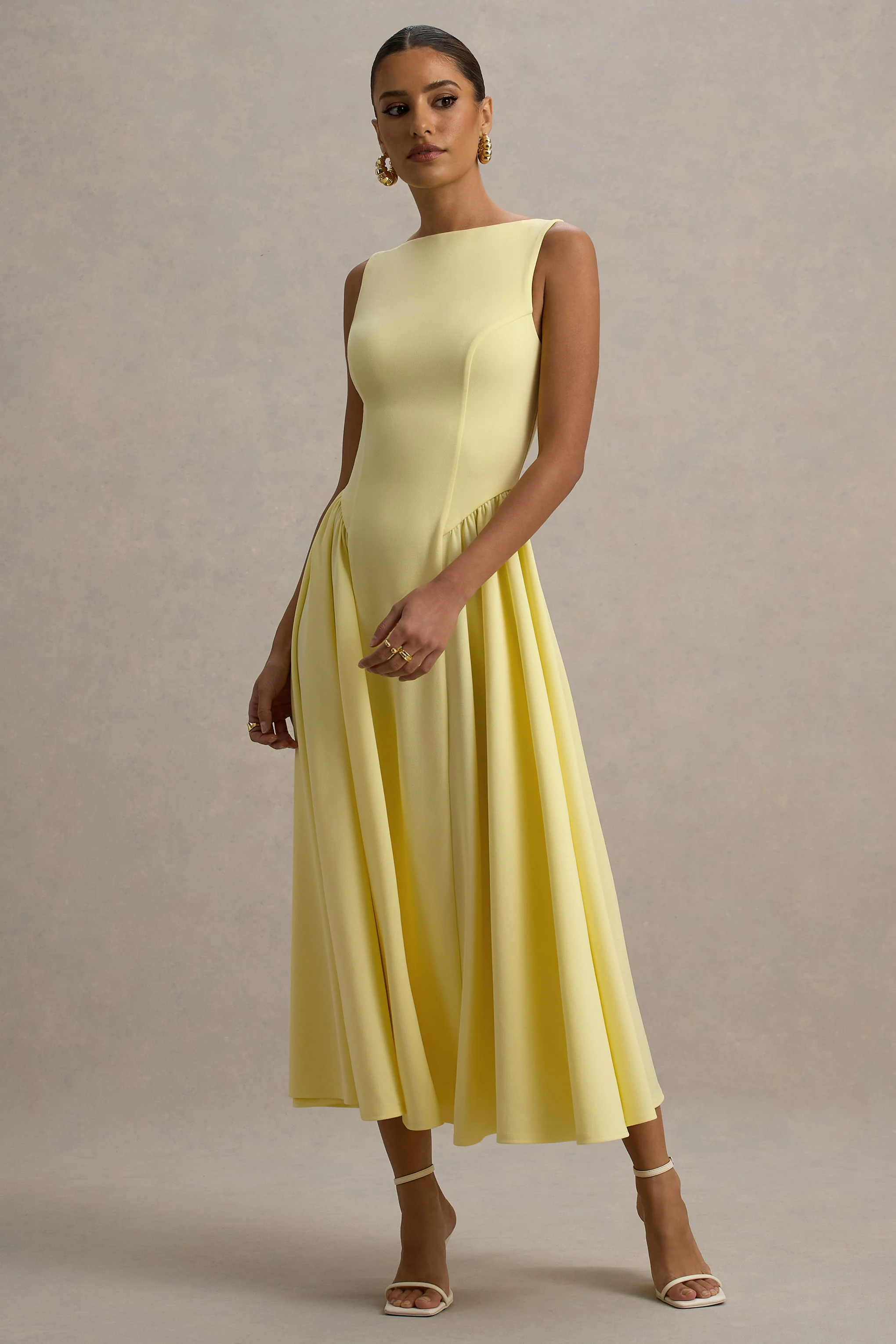 Muriel | Lemon Boat-Neck Volume-Hem Midi Dress