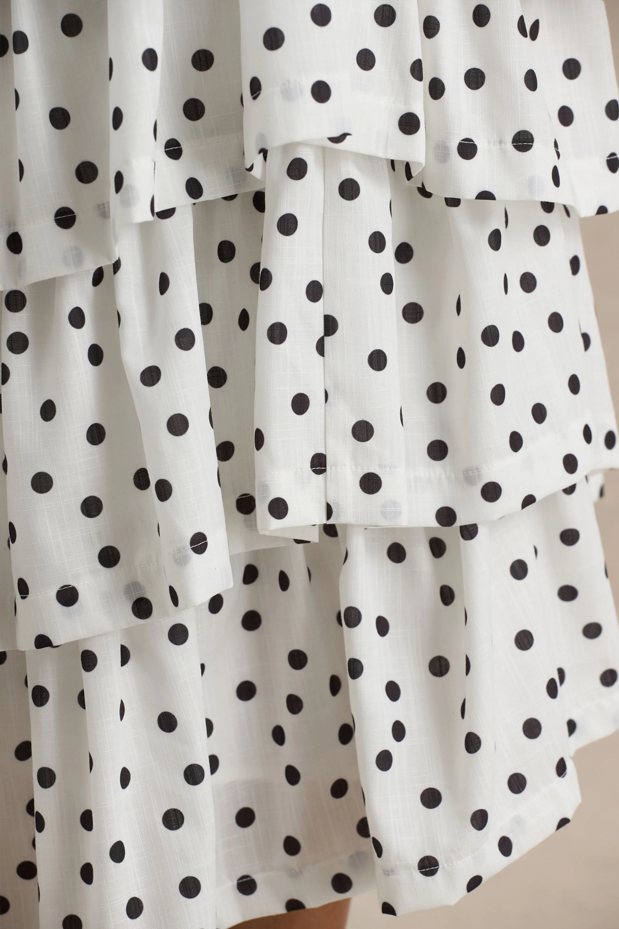 Violet | White Polka Dot Linen Midi Dress With Halter-Neck and Ruffled Skirt