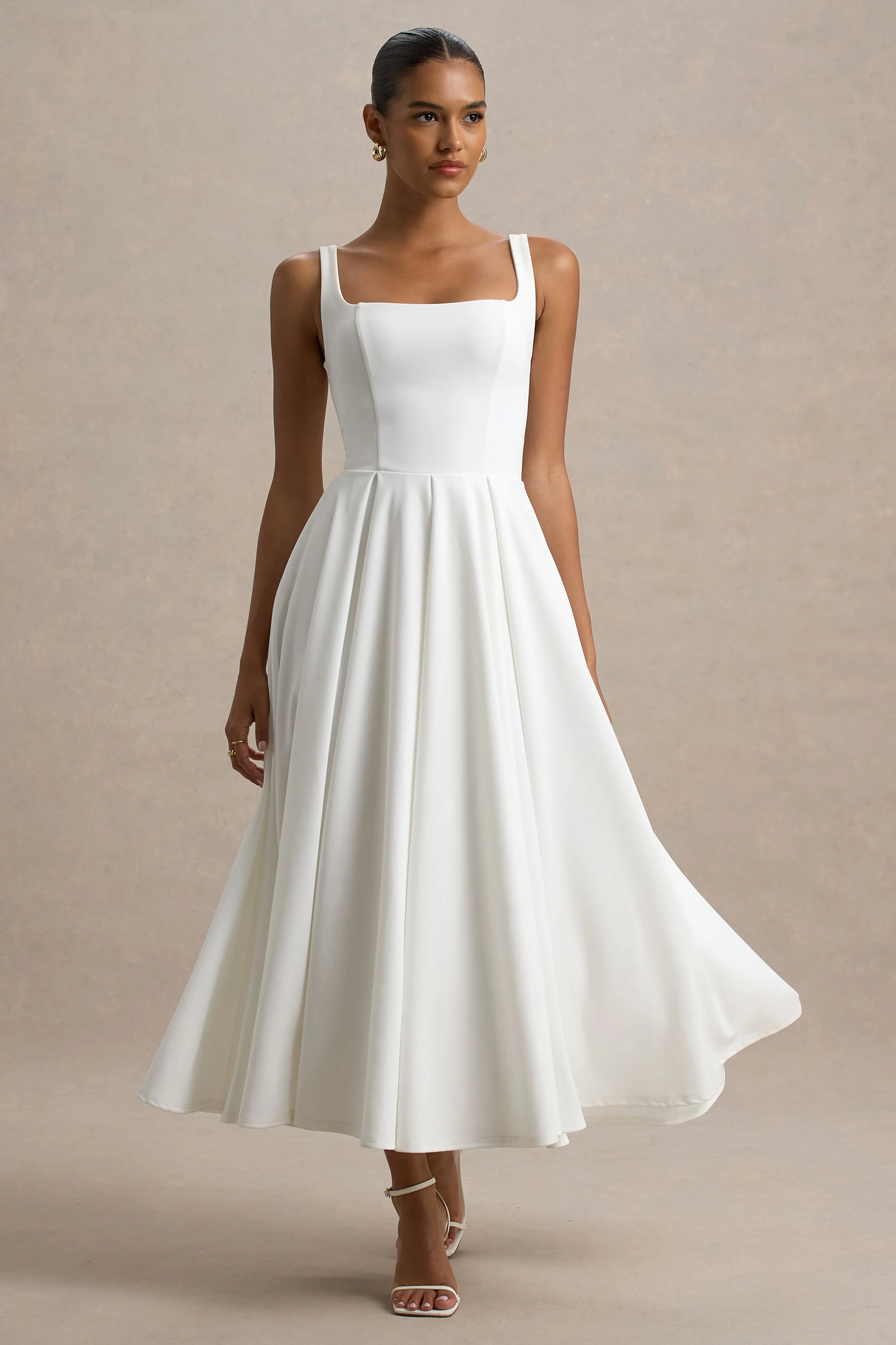 Parina | White Strappy Volume-Hem Midi Dress