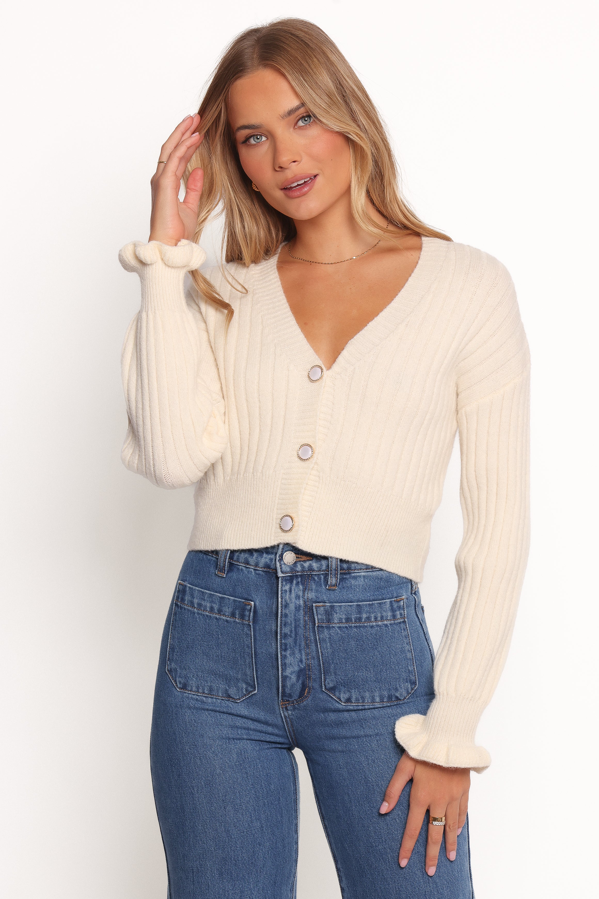 Zana Ribbed Ruffle Cuff Knit Sweater - Cream