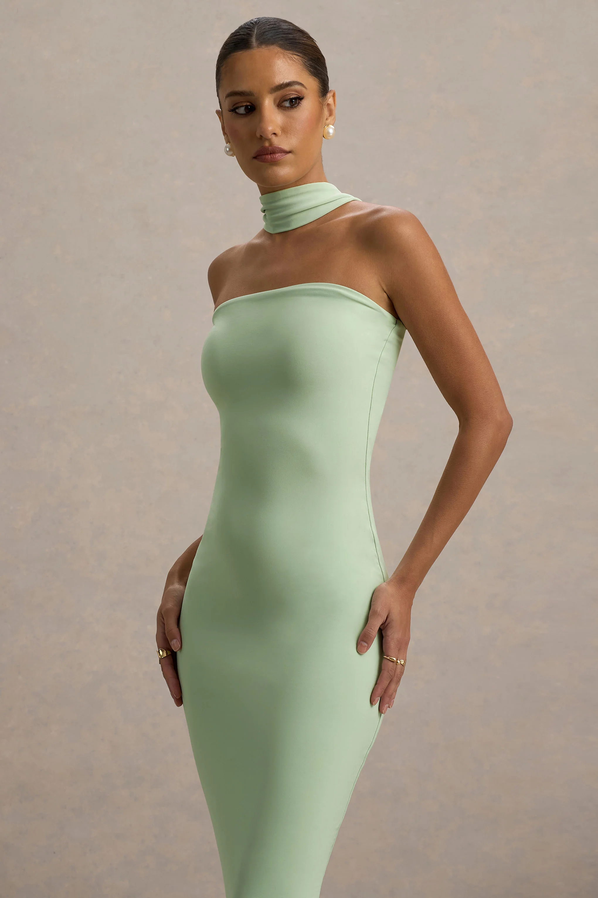 Nobu | Light Green Bandeau Maxi Dress With Halter-Collar