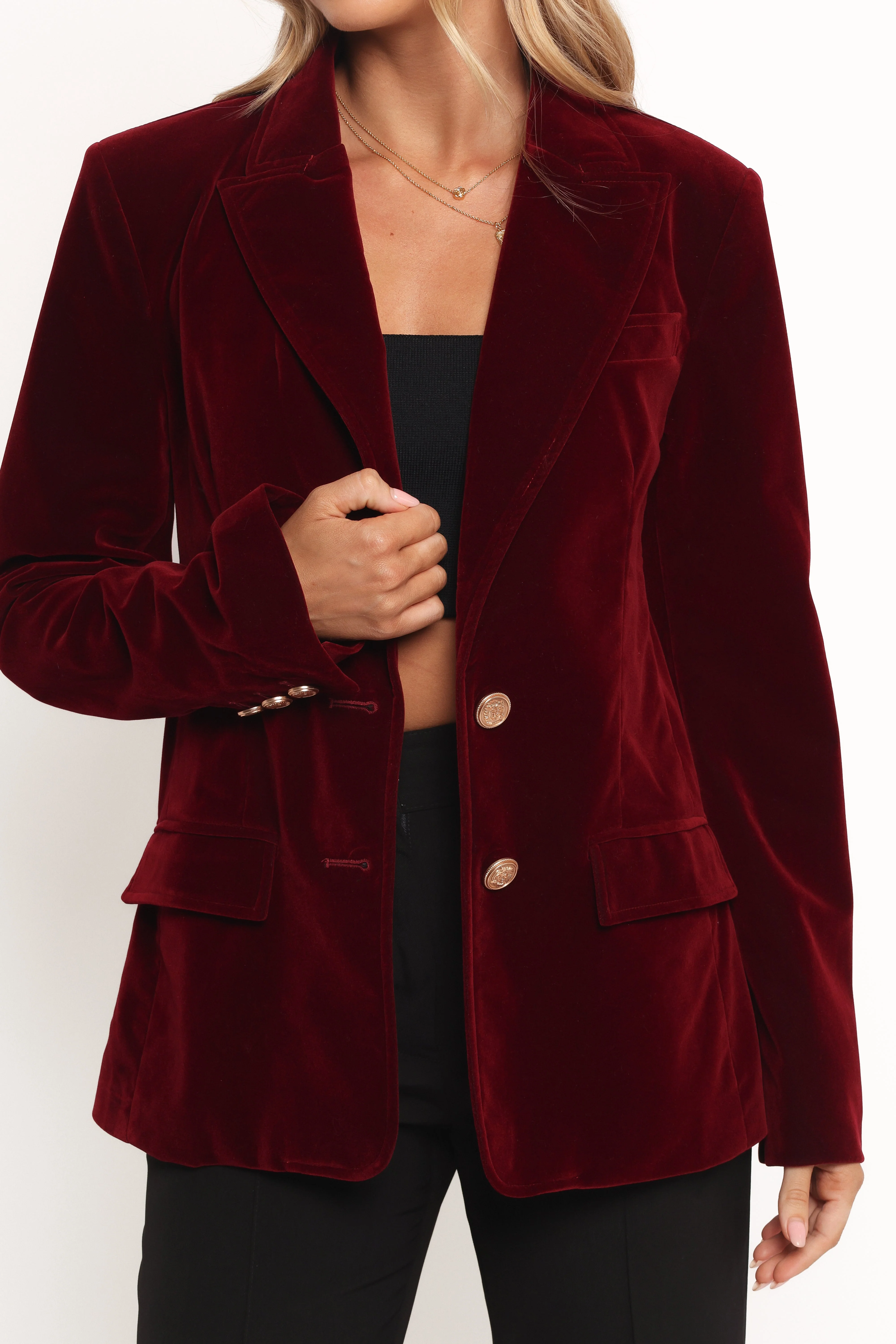 Zpya Single Button Velvet Blazer - Berry