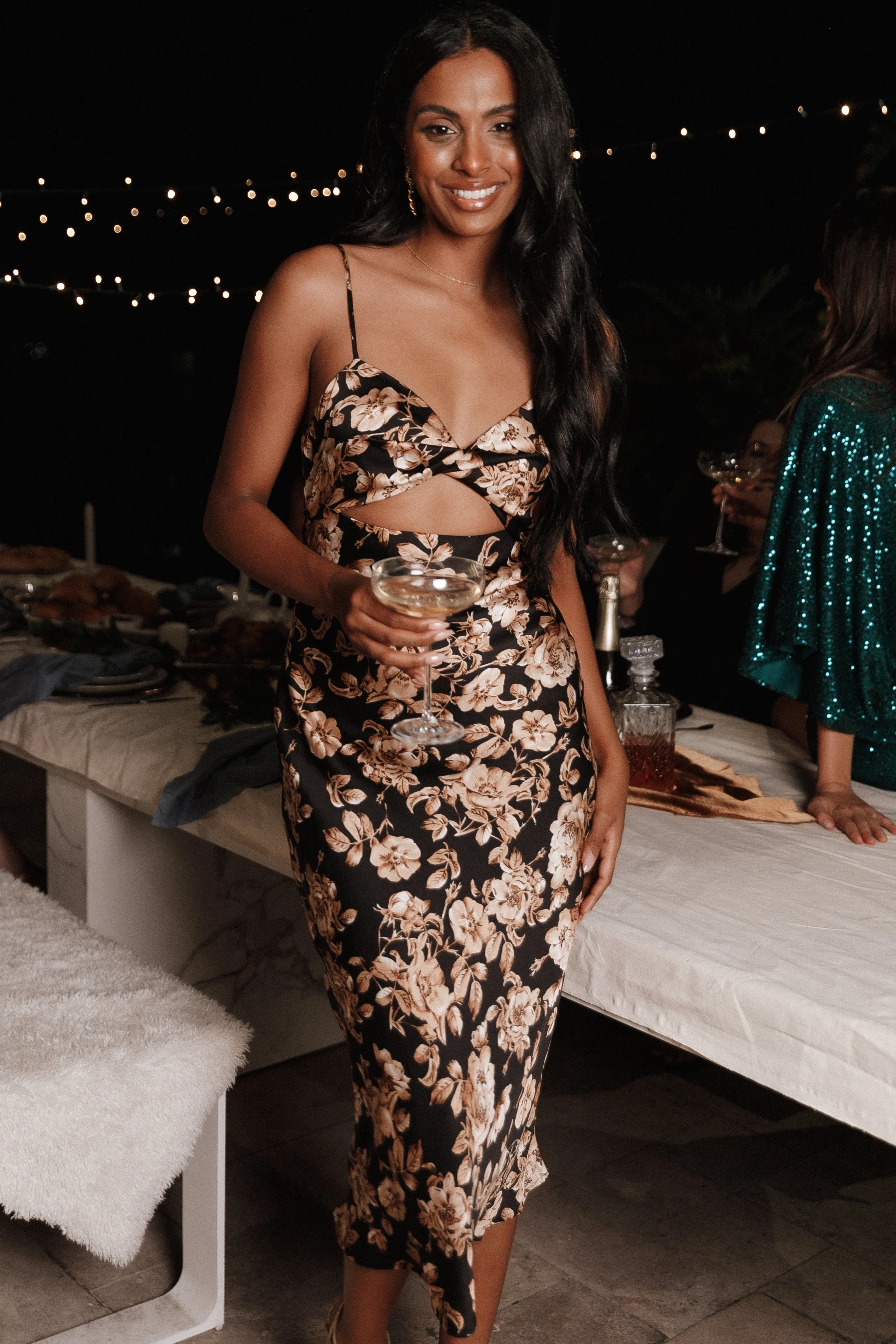 Saga Cut Out Midi Dress - Black Floral