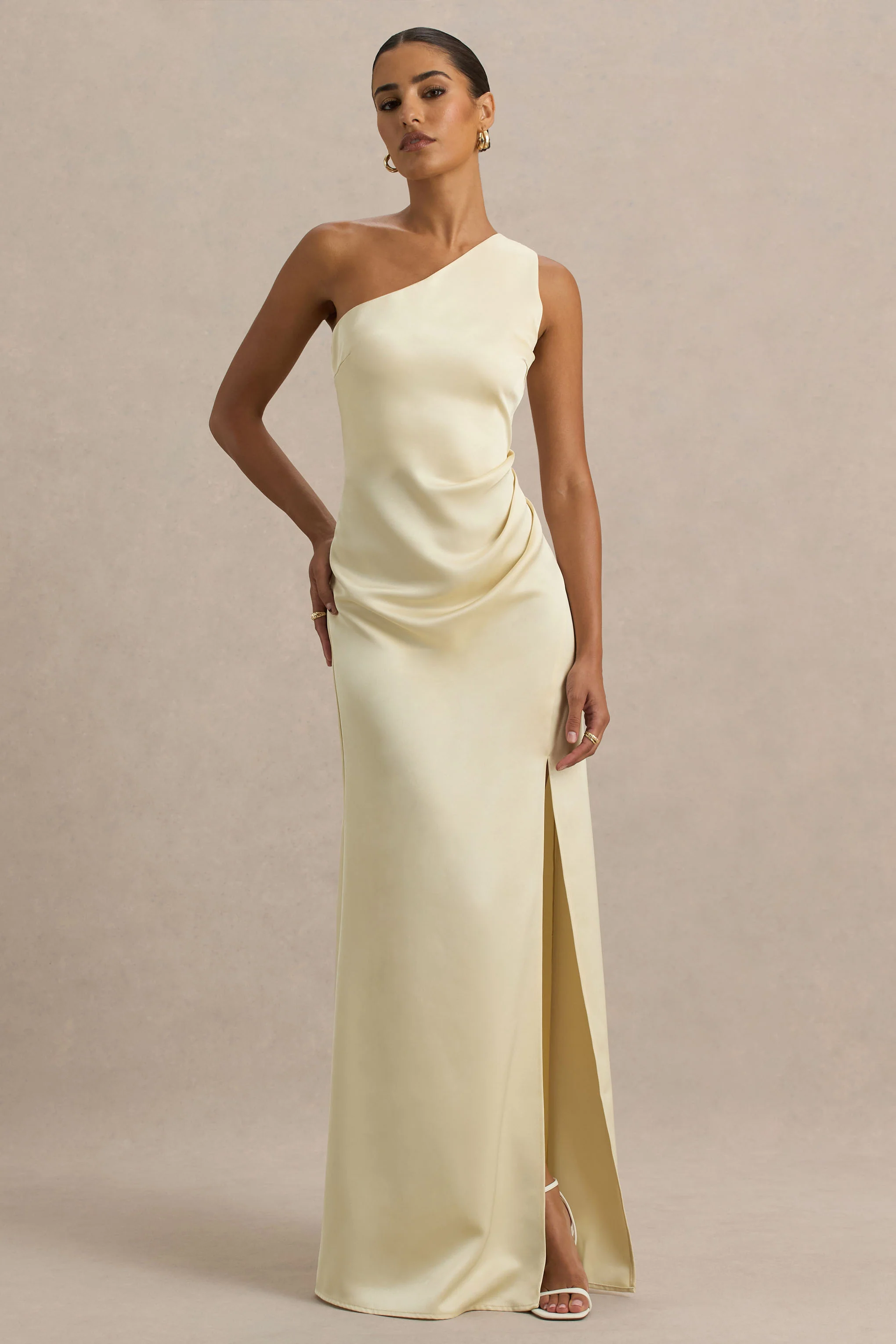 Beth | Lemon Asymmetric Neckline High-Split Maxi Dress