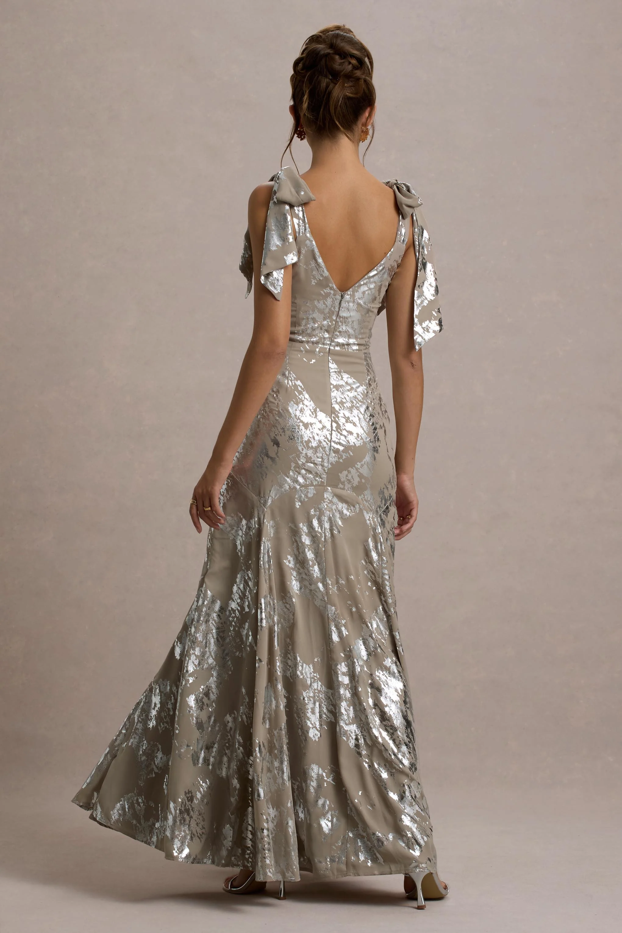Lula | Champagne Metallic Plunge-Neck Maxi Dress With Bow Straps
