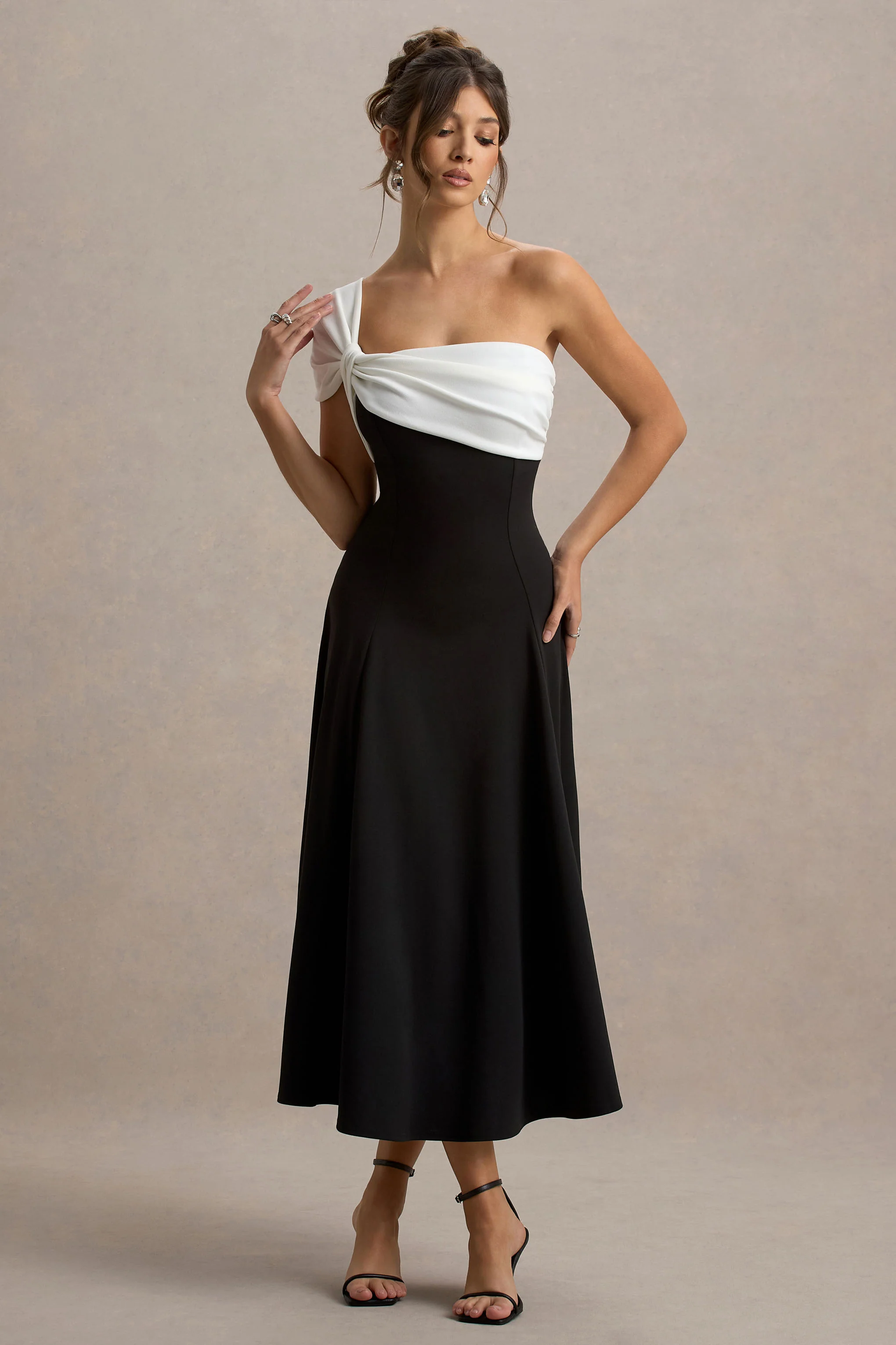 Malta | Black & White One-Shoulder Midi Dress