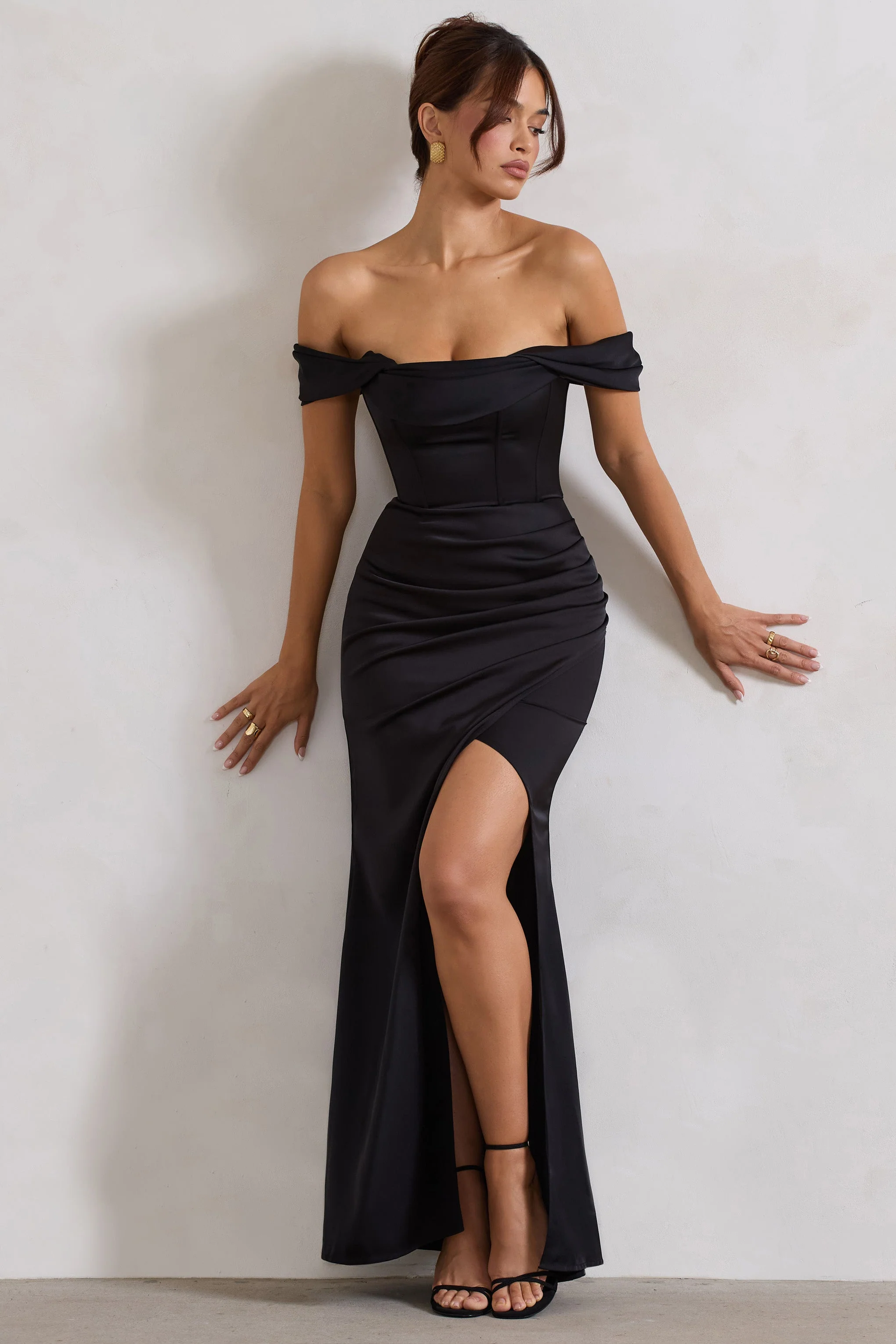 Kimberly | Black Bardot  Satin Maxi Dress
