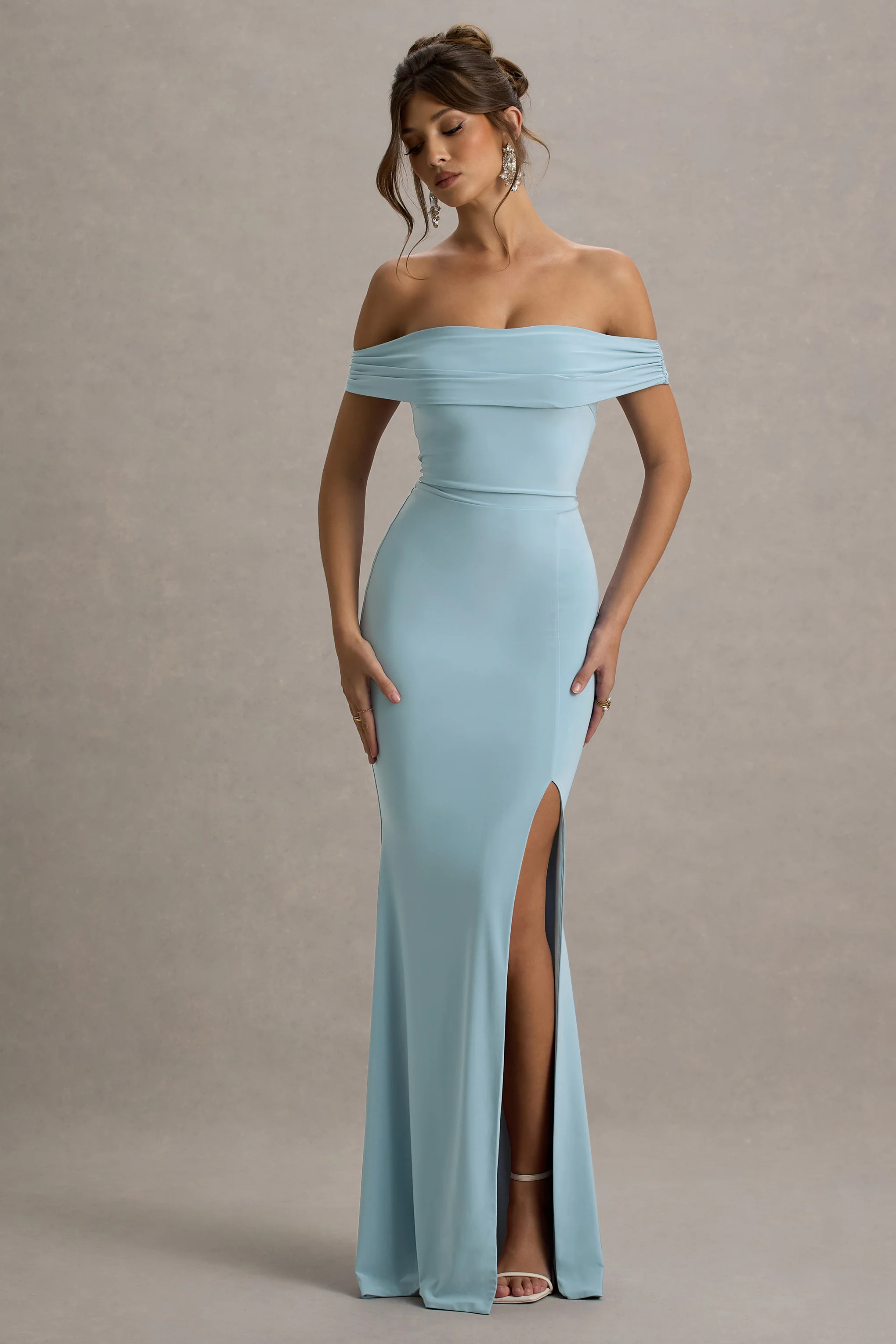 Law of Attraction | Powder Blue Bardot Draped Split Maxi Dress