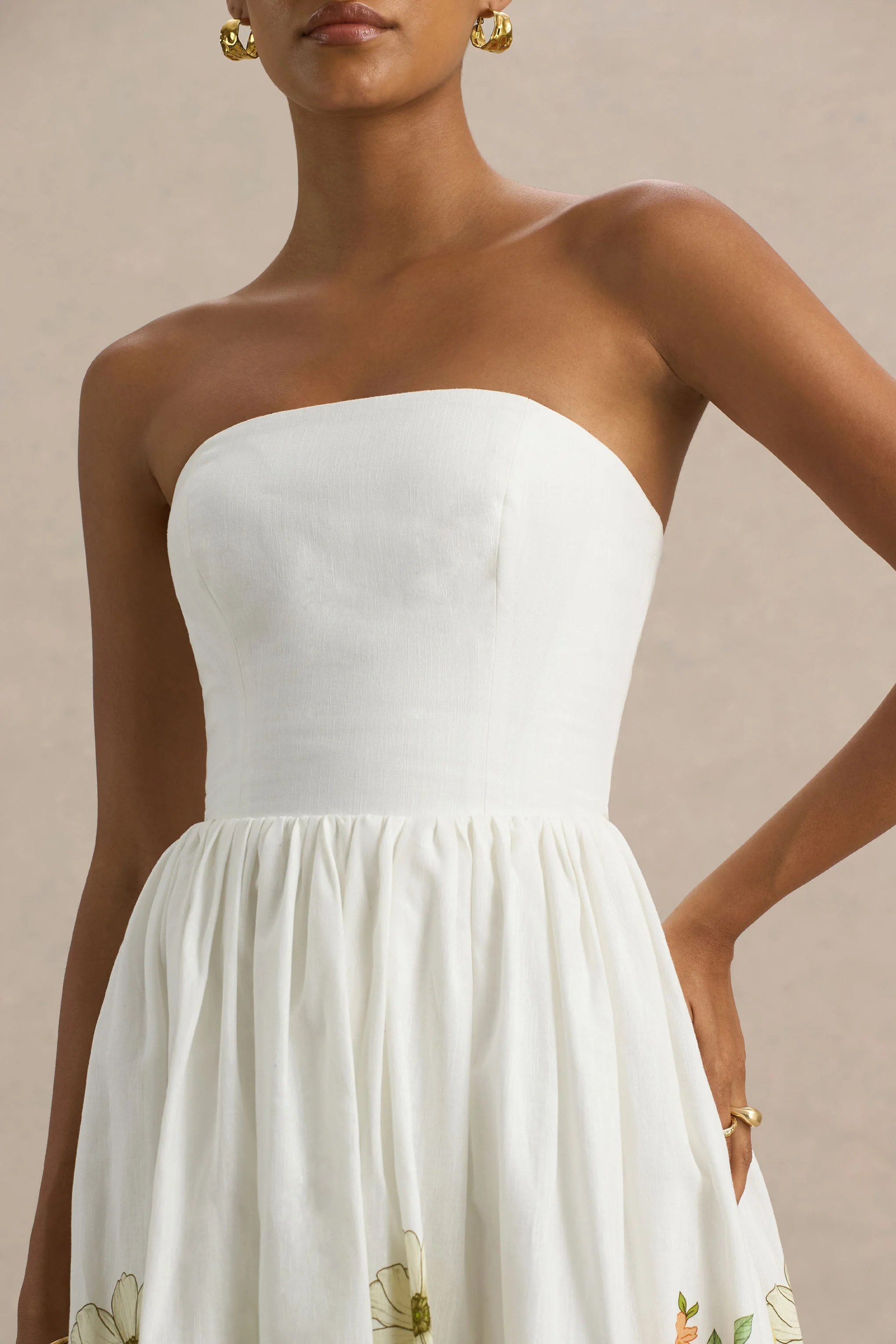 Ivory | Sunflower Print Bandeau High-Low Midi Dress