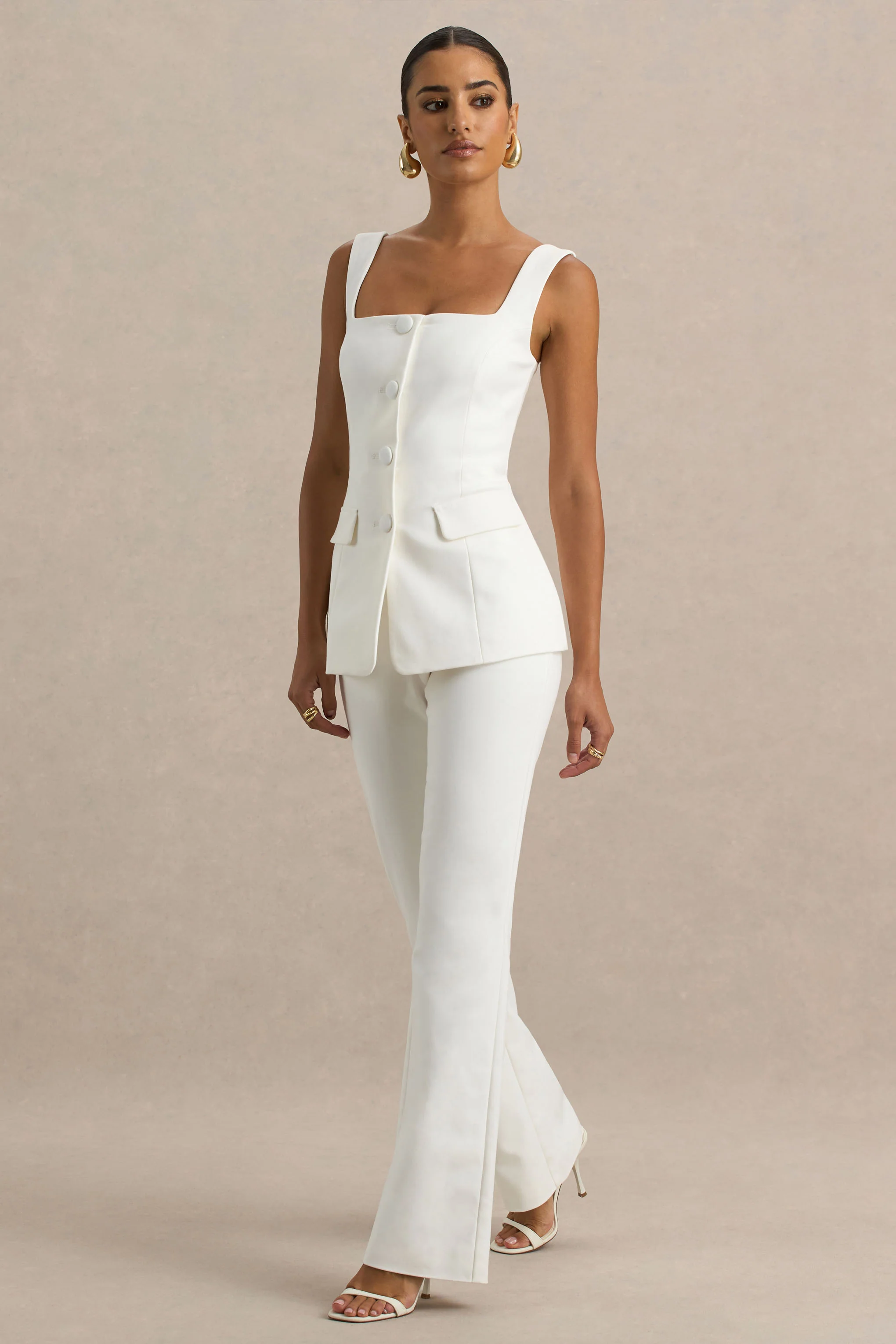 Aceline | White Square-Neck Tailored Jumpsuit