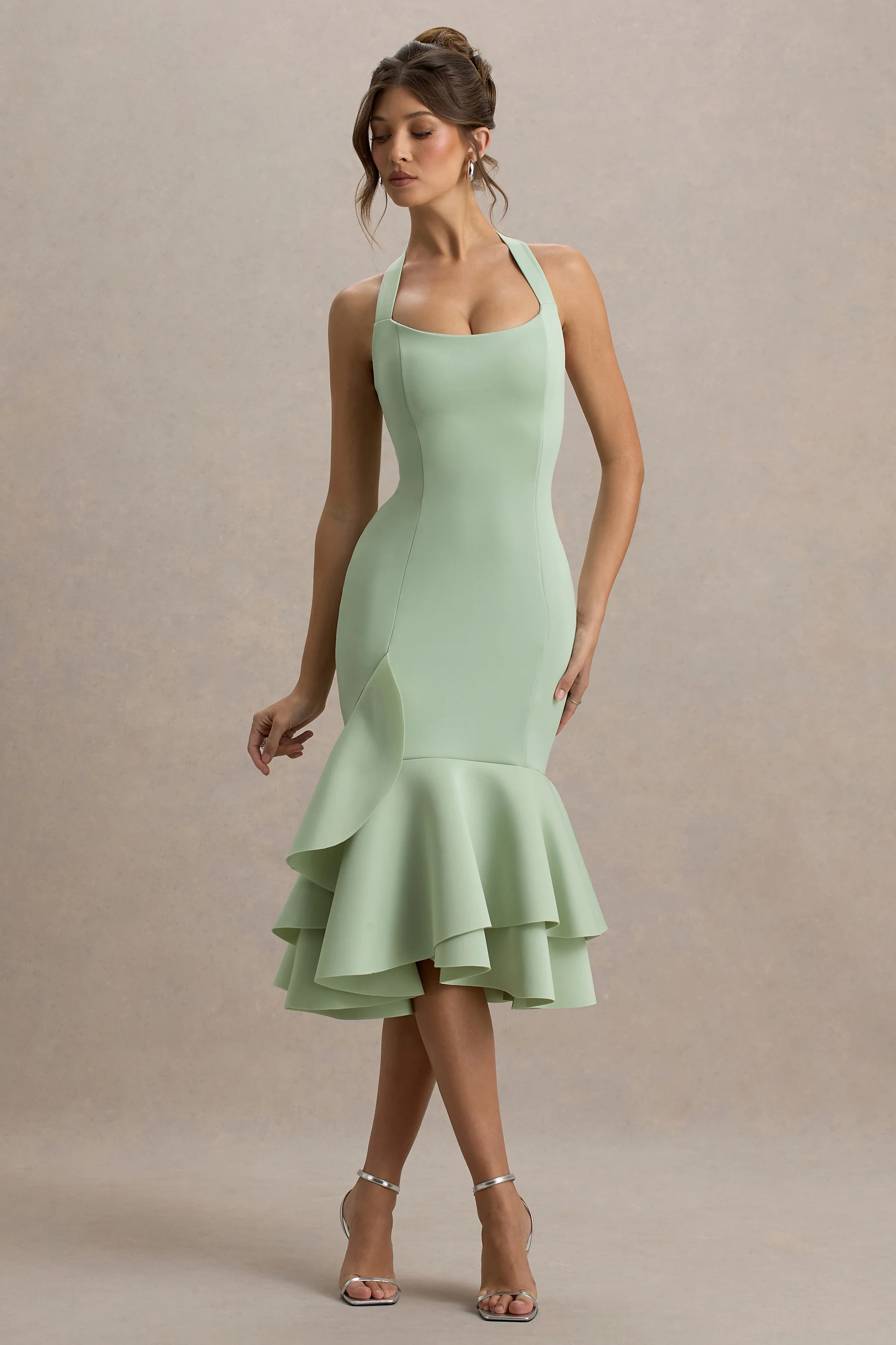 Arla | Light Green Halter Neck Ruffle Trim Midi Dress