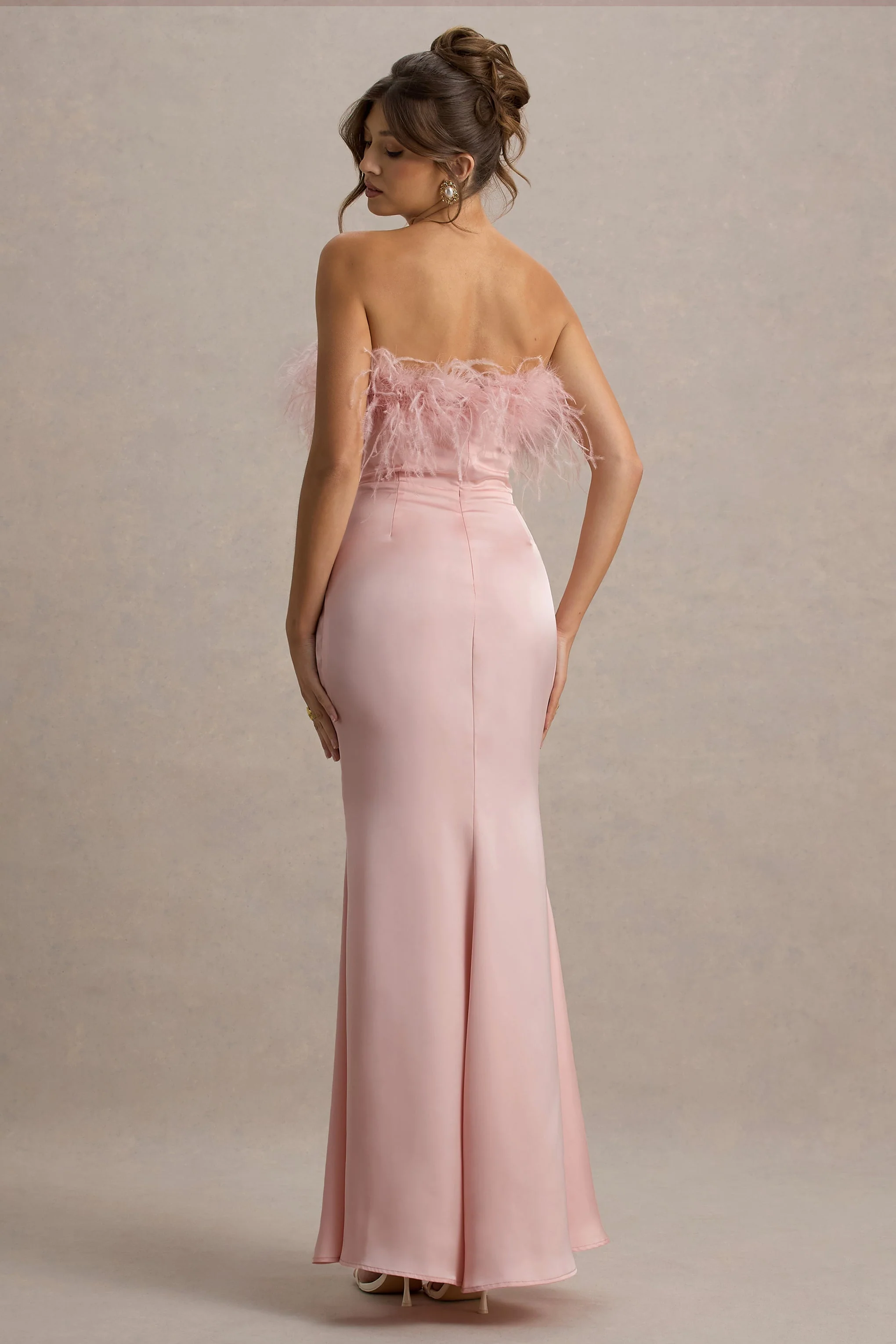Dress For It | Pale Pink Satin Feather Trim Bandeau Maxi Dress