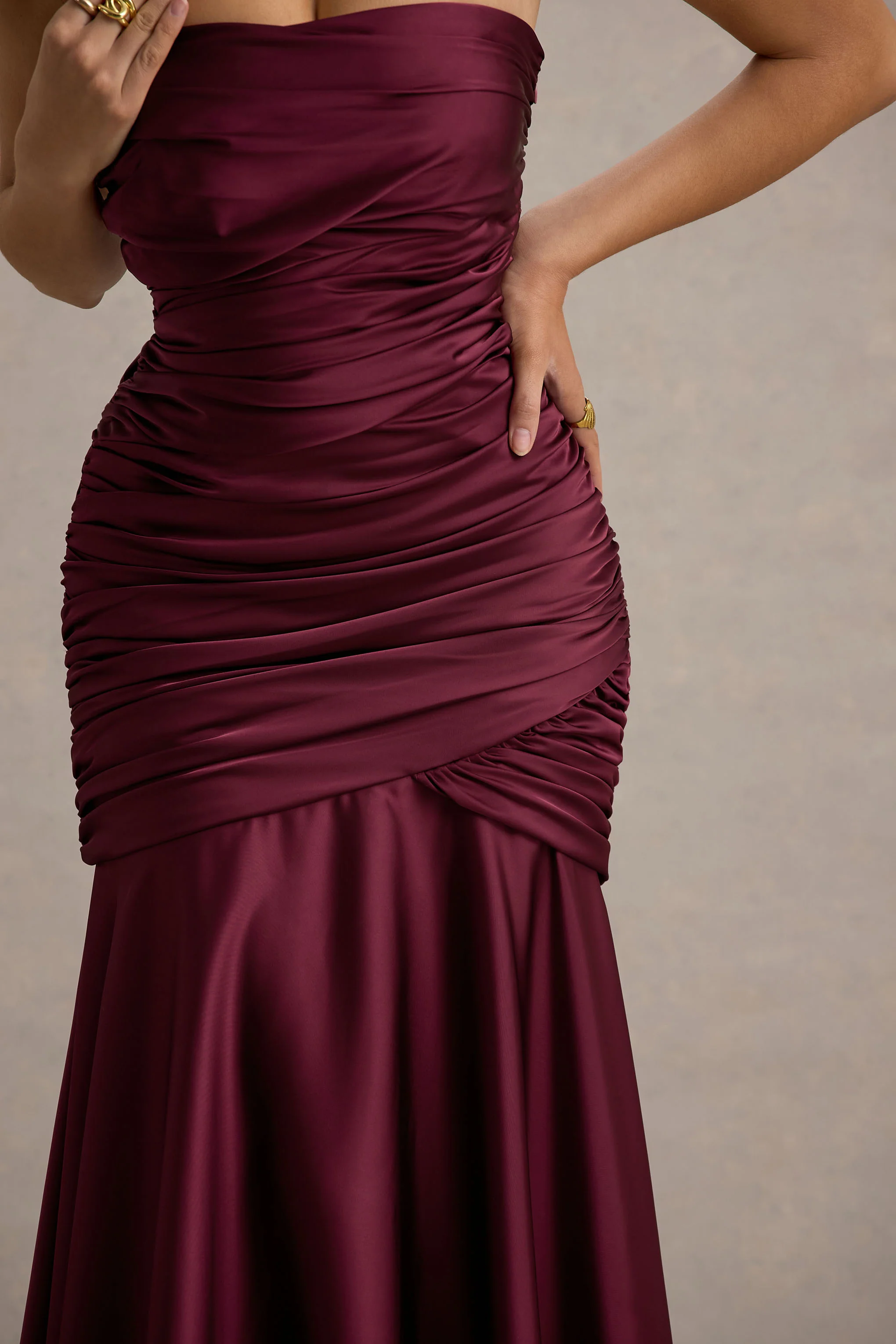 Cassidy | Burgundy Satin Bandeau Gathered Maxi Dress