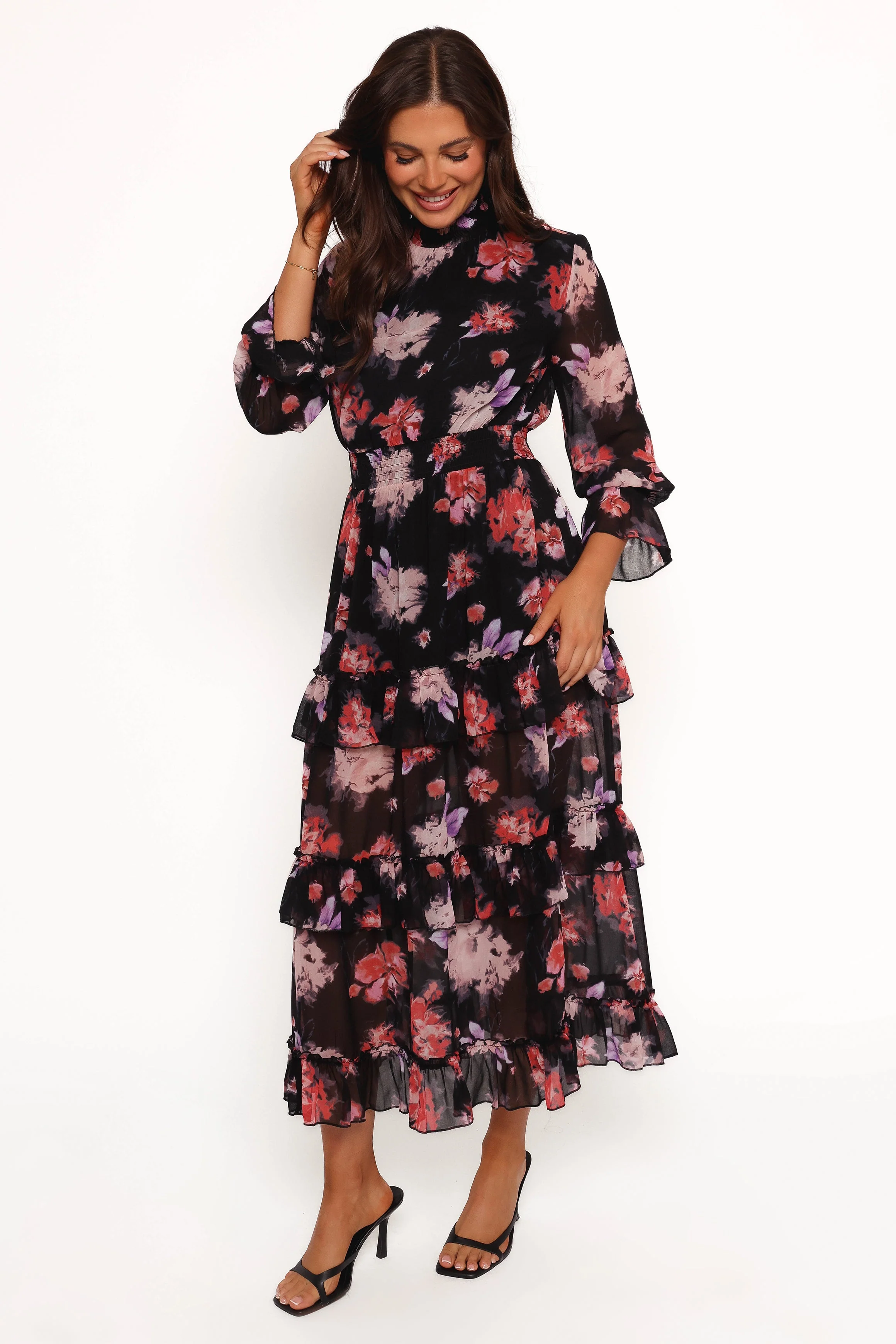 Isadora Long Sleeve Maxi Dress - Black Blurred Floral