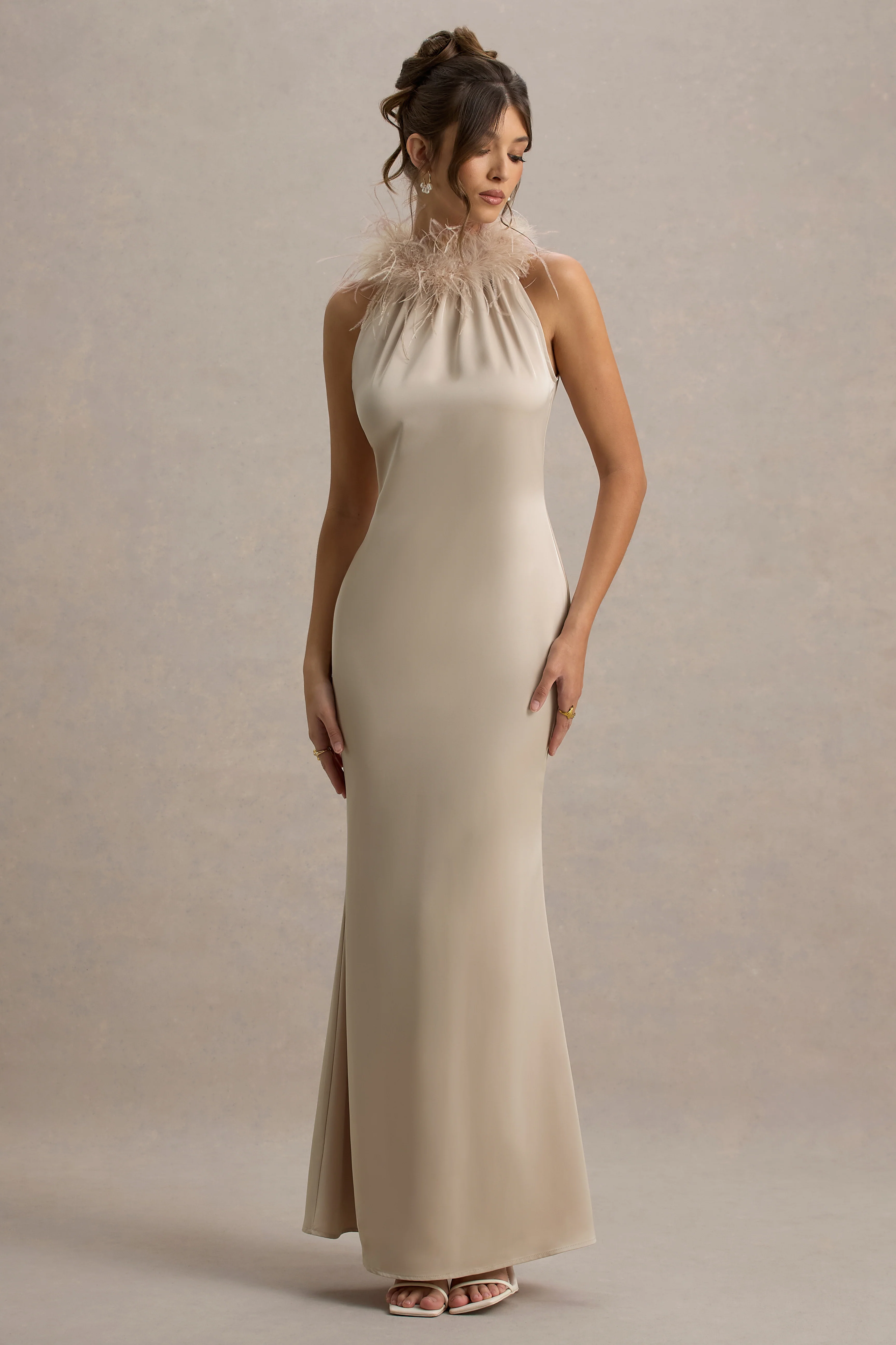 Bianca | Champagne Satin Feather-Trim Maxi Dress