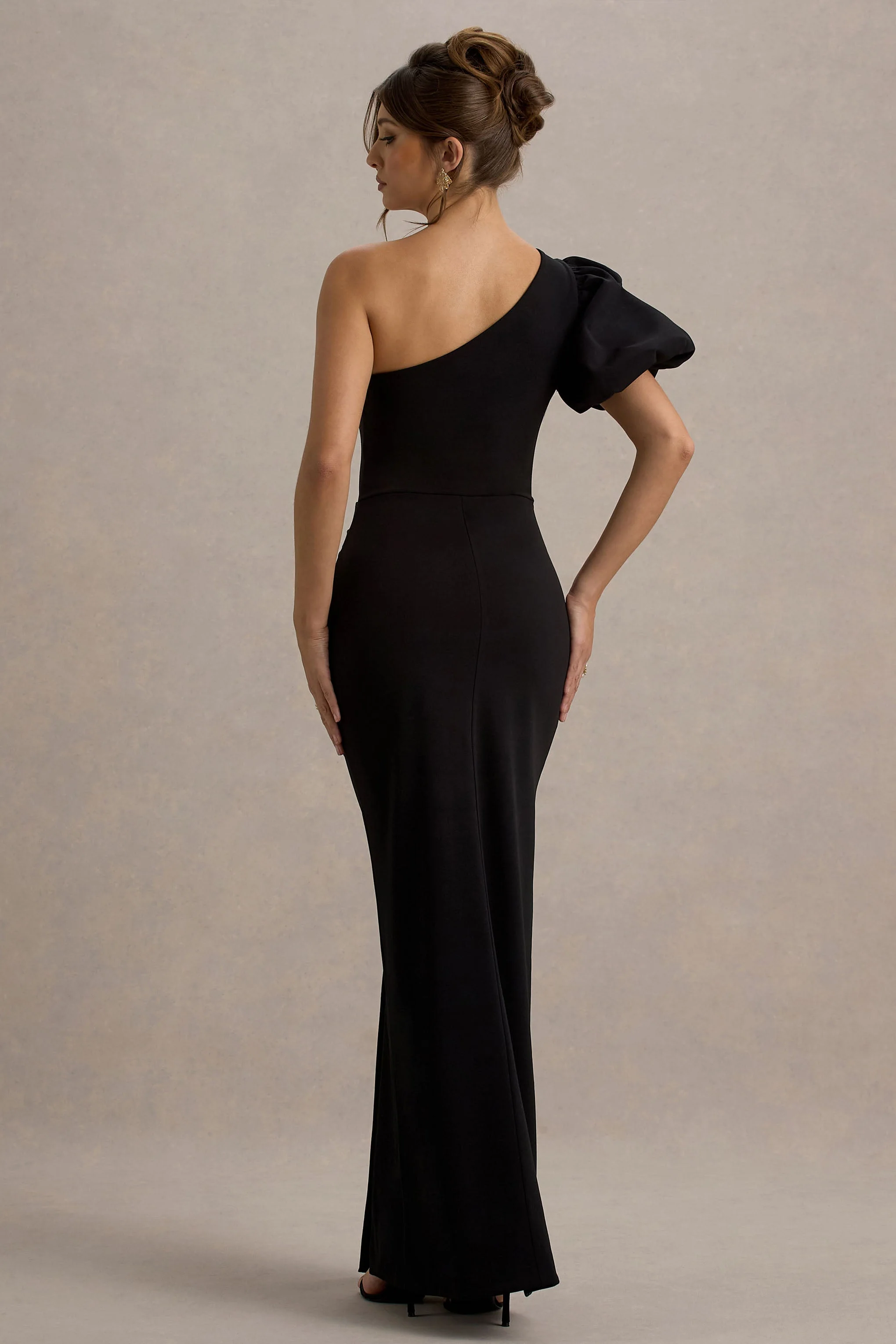Vittoria | Black Asymmetric Puff-Sleeve Split Maxi Dress
