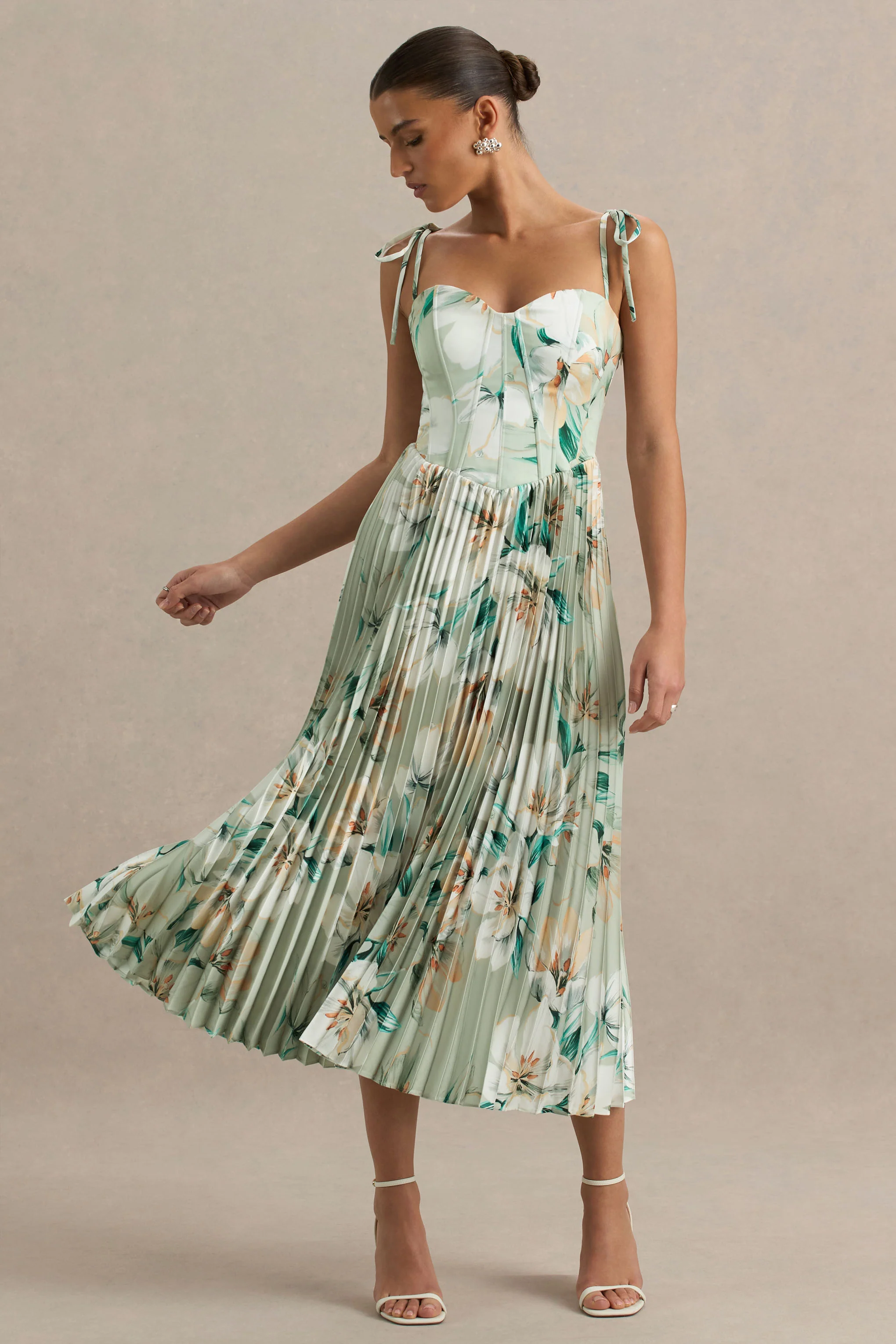 Peyton | Green Floral Print Satin Sweetheart-Neck Midi Dress With Pleated Details