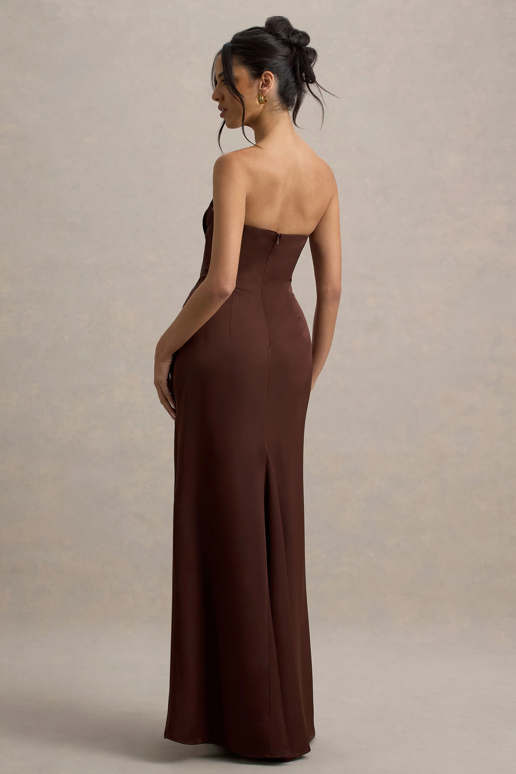 Mackenzie | Brown Satin Plunge-Neck Draped Maxi Dress