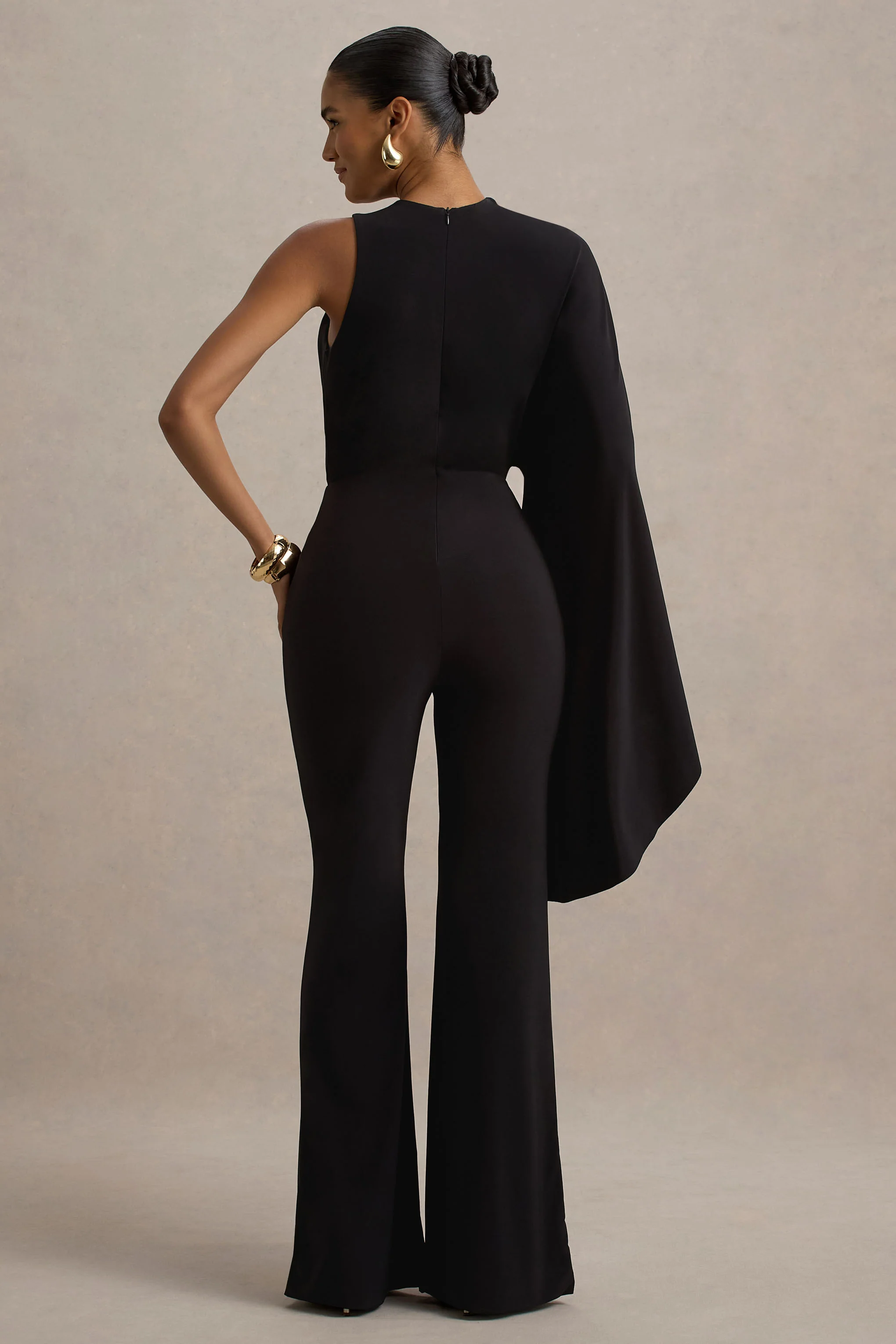 Asra | Black High-Neck Flared-Leg Jumpsuit With Cape Sleeve