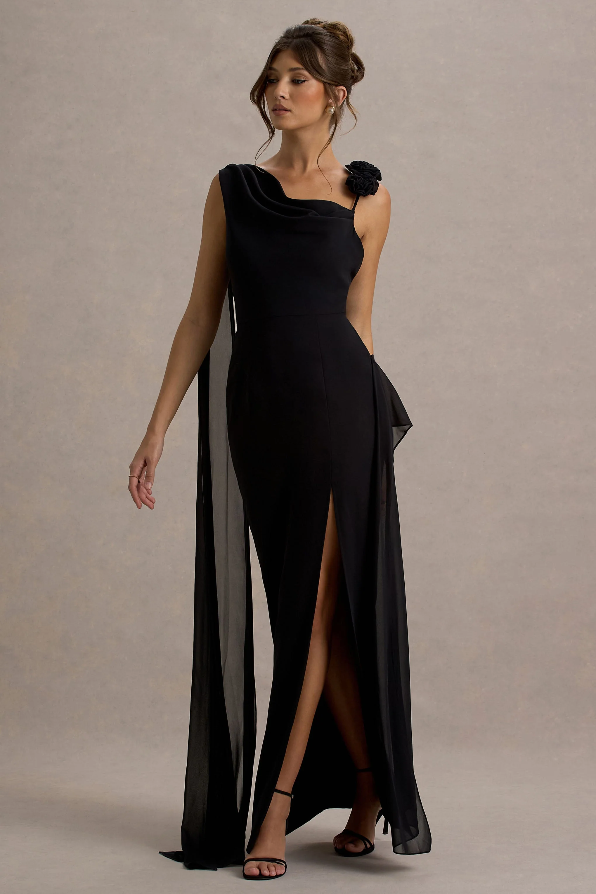 Angeline | Black Chiffon Draped Split Maxi Dress With Corsages