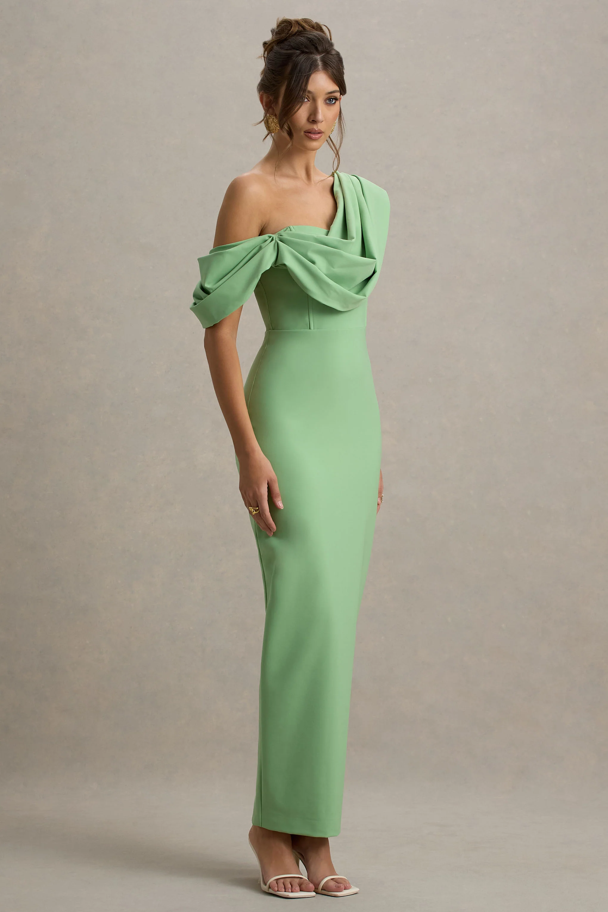 Angelina | Green Draped Shoulder Maxi Dress