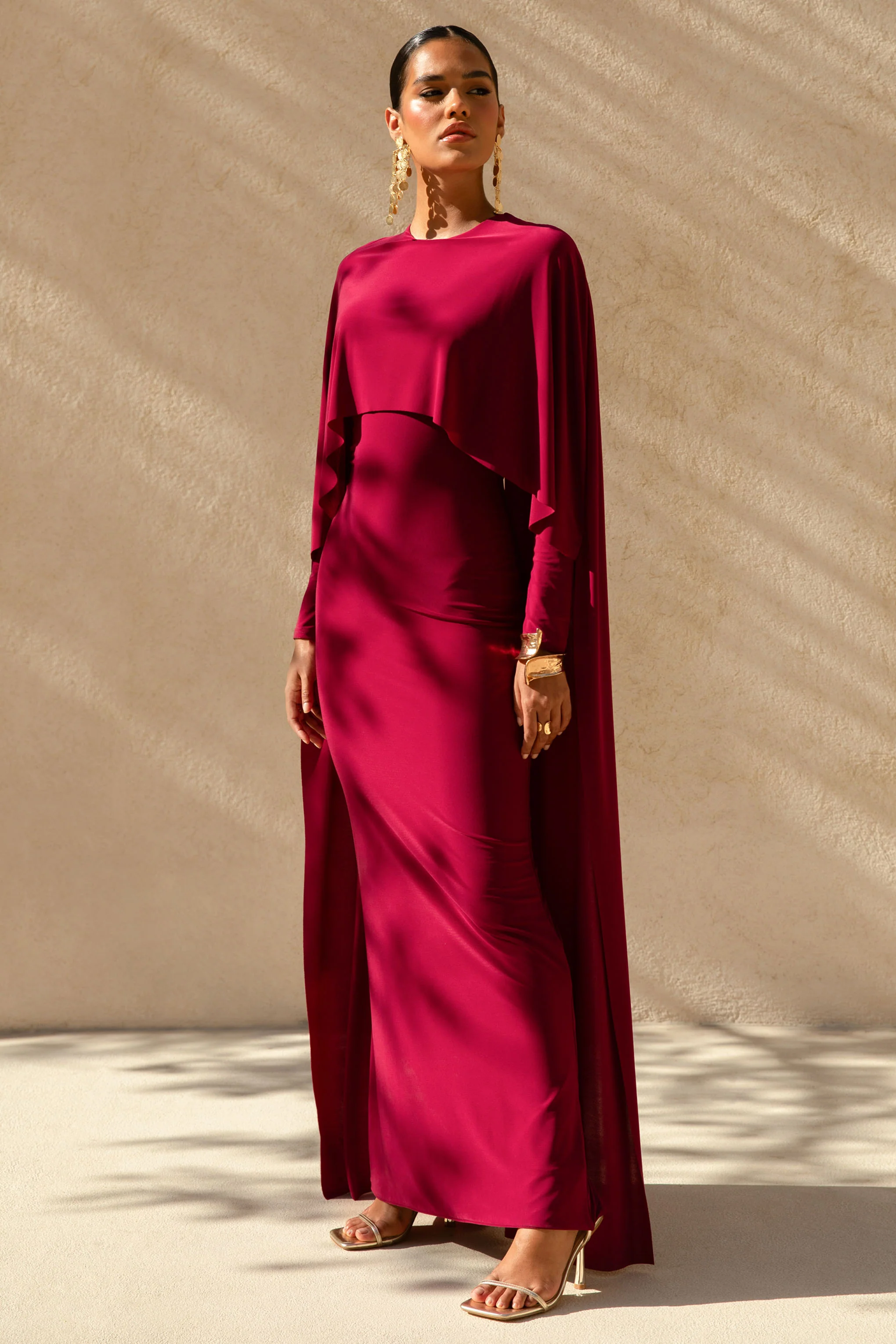 Belinda | Burgundy Draped Maxi Dress With Cape Sleeves