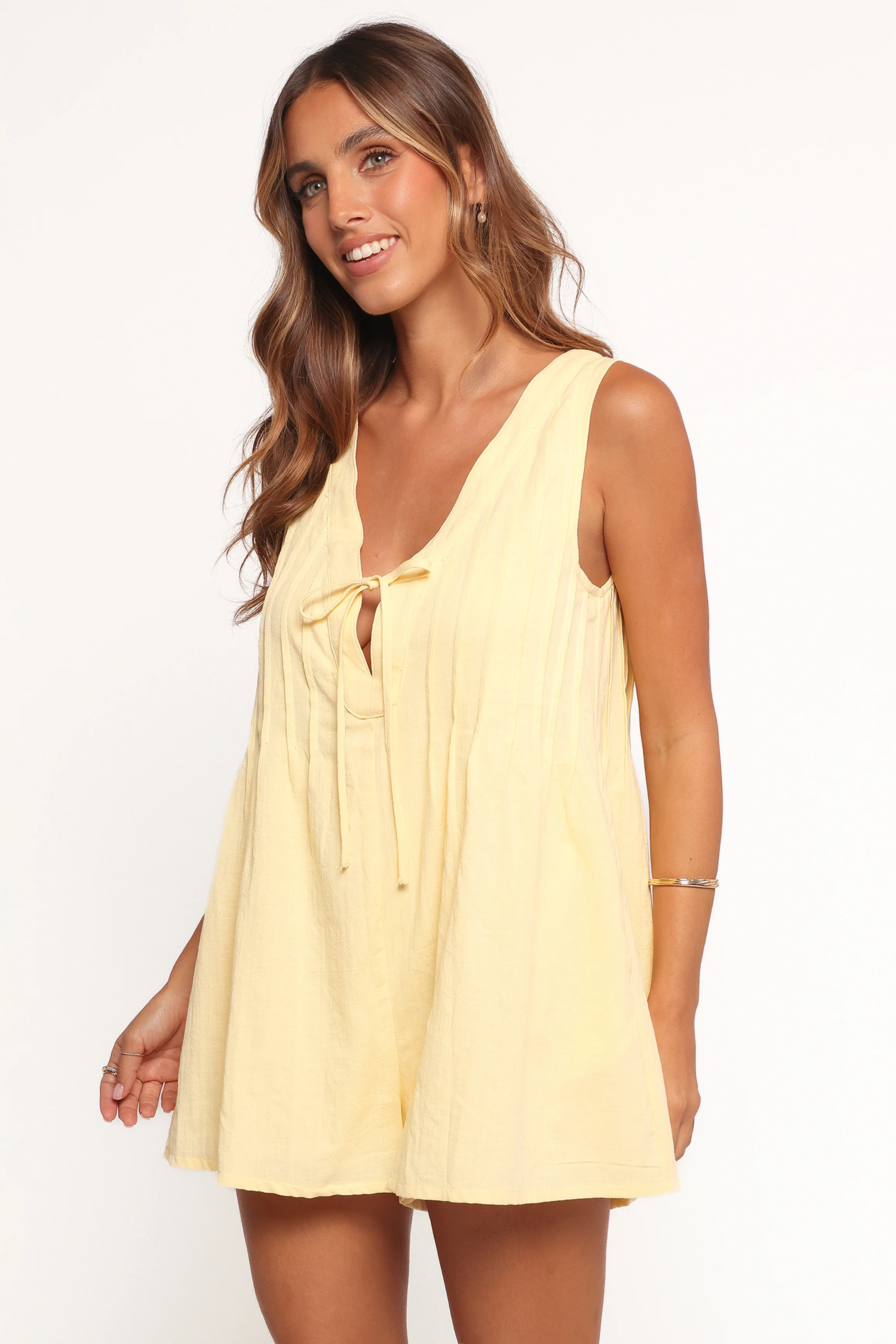 Kallie Tie Front Romper - Butter Yellow