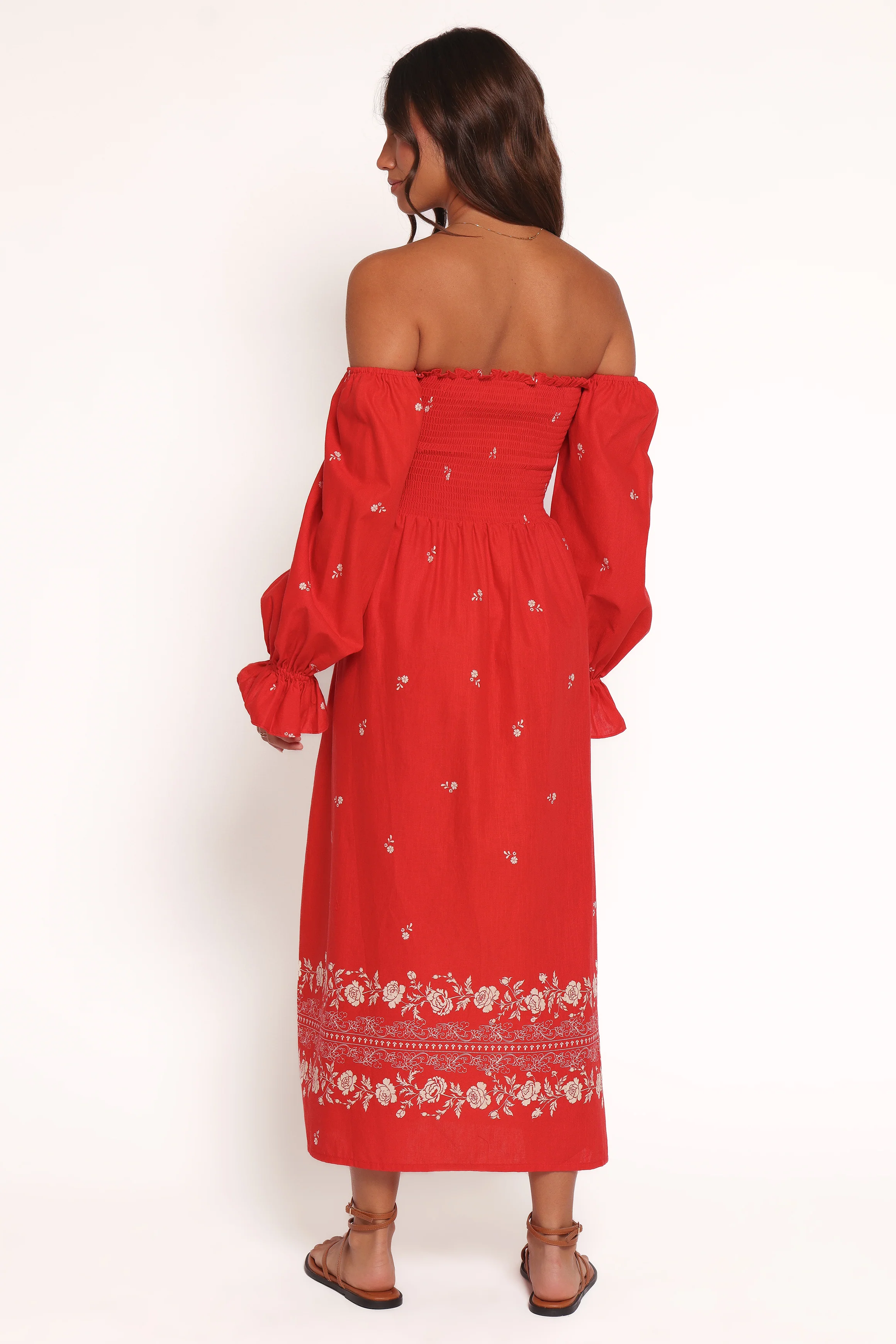Domenica Shirred Long Sleeve Midi Dress - Red Floral Bandana