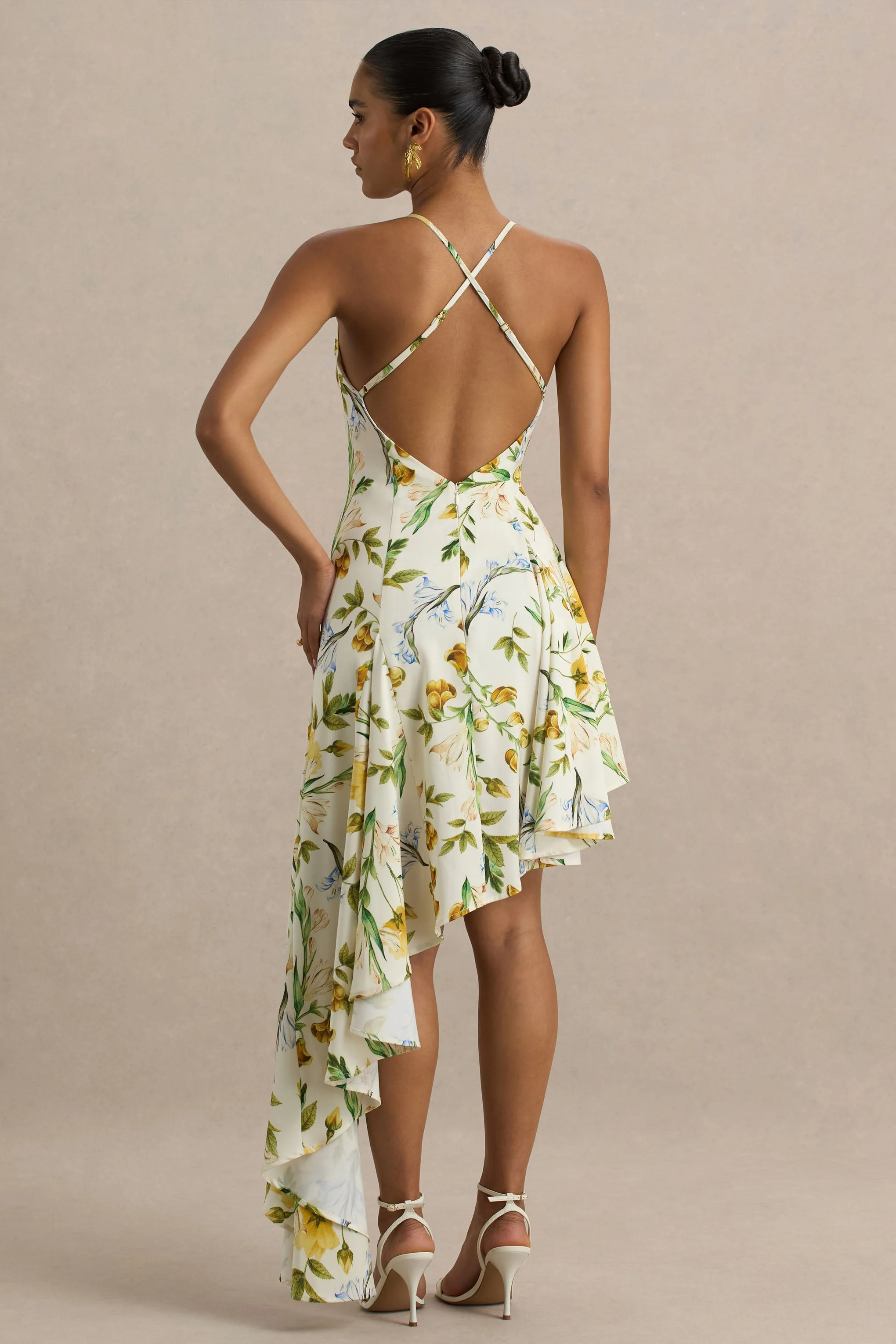 Glint | White Botanical Print Satin Plunge-Neck Maxi Dress With Asymmetric Hem