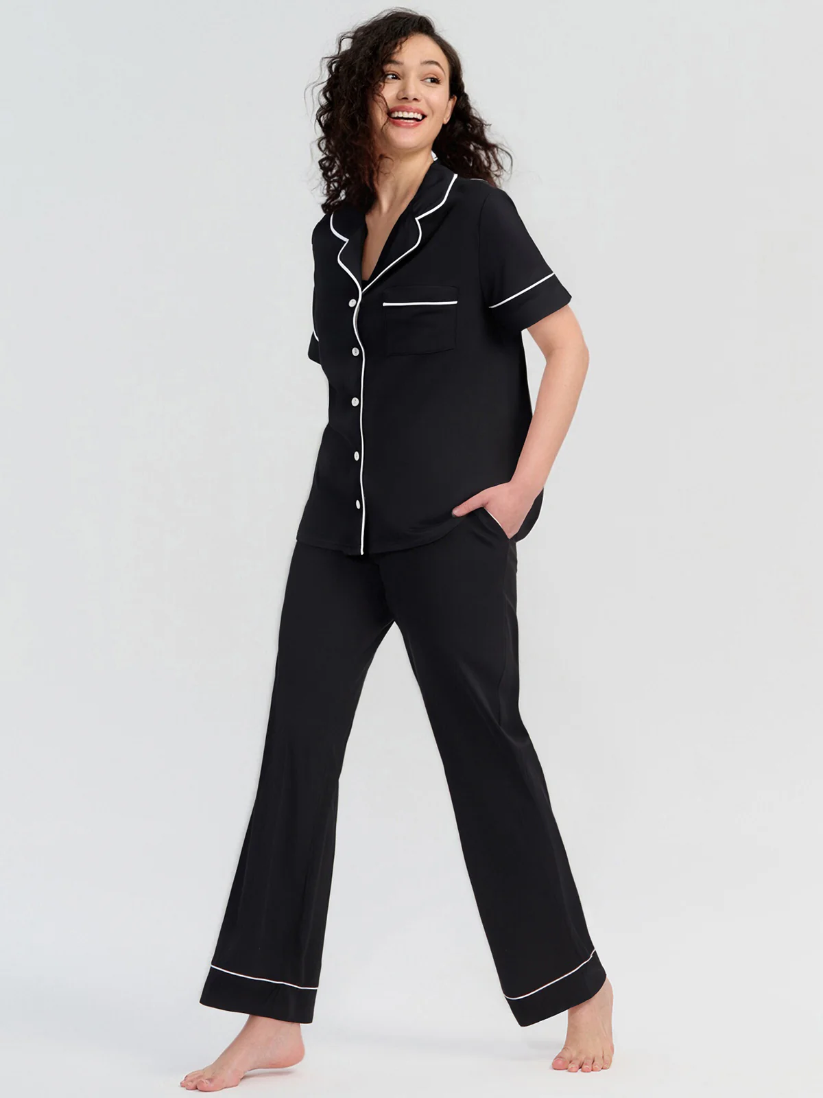 Solid Piped Short Sleeve Pajamas Set