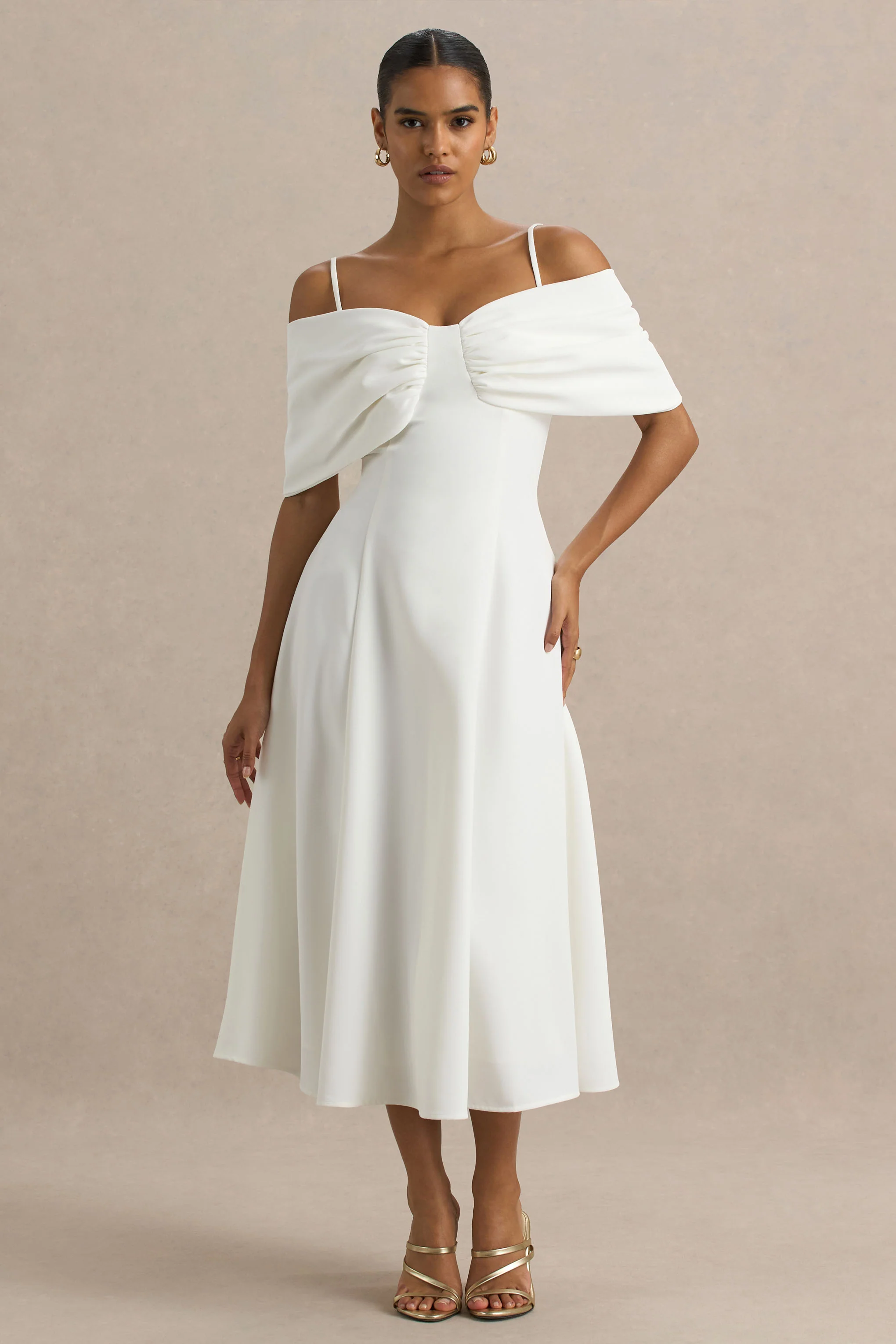 Hettie | White Short-Sleeve Bardot Midi Dress With Bow Detail