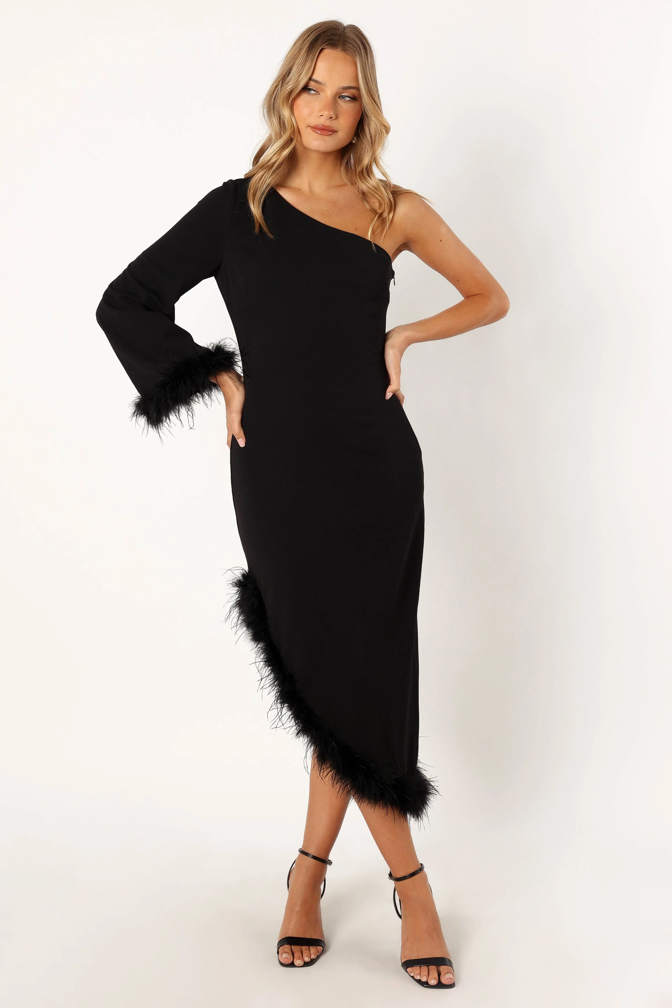 Dame One Shoulder Feather Midi Dress - Black