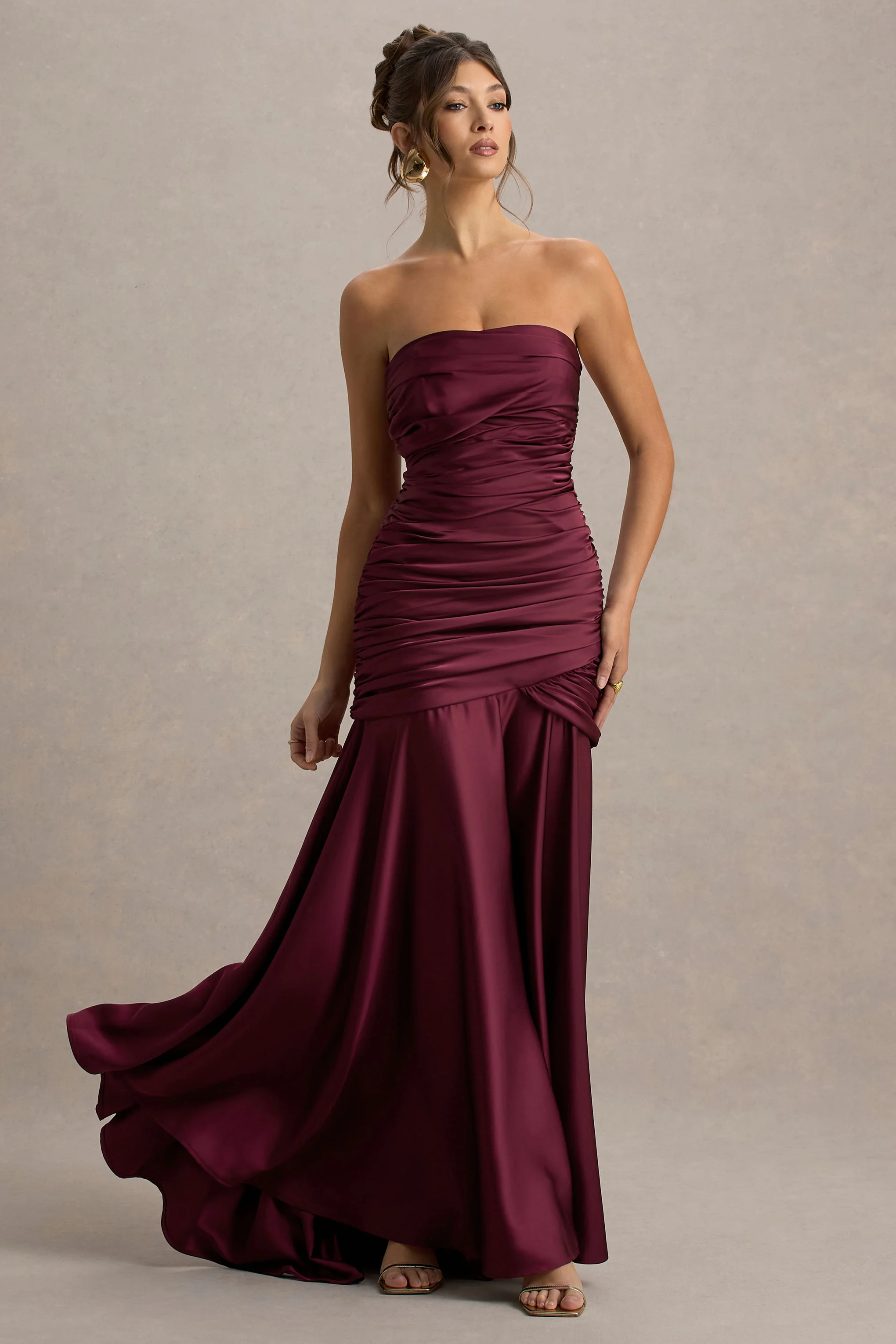 Cassidy | Burgundy Satin Bandeau Gathered Maxi Dress